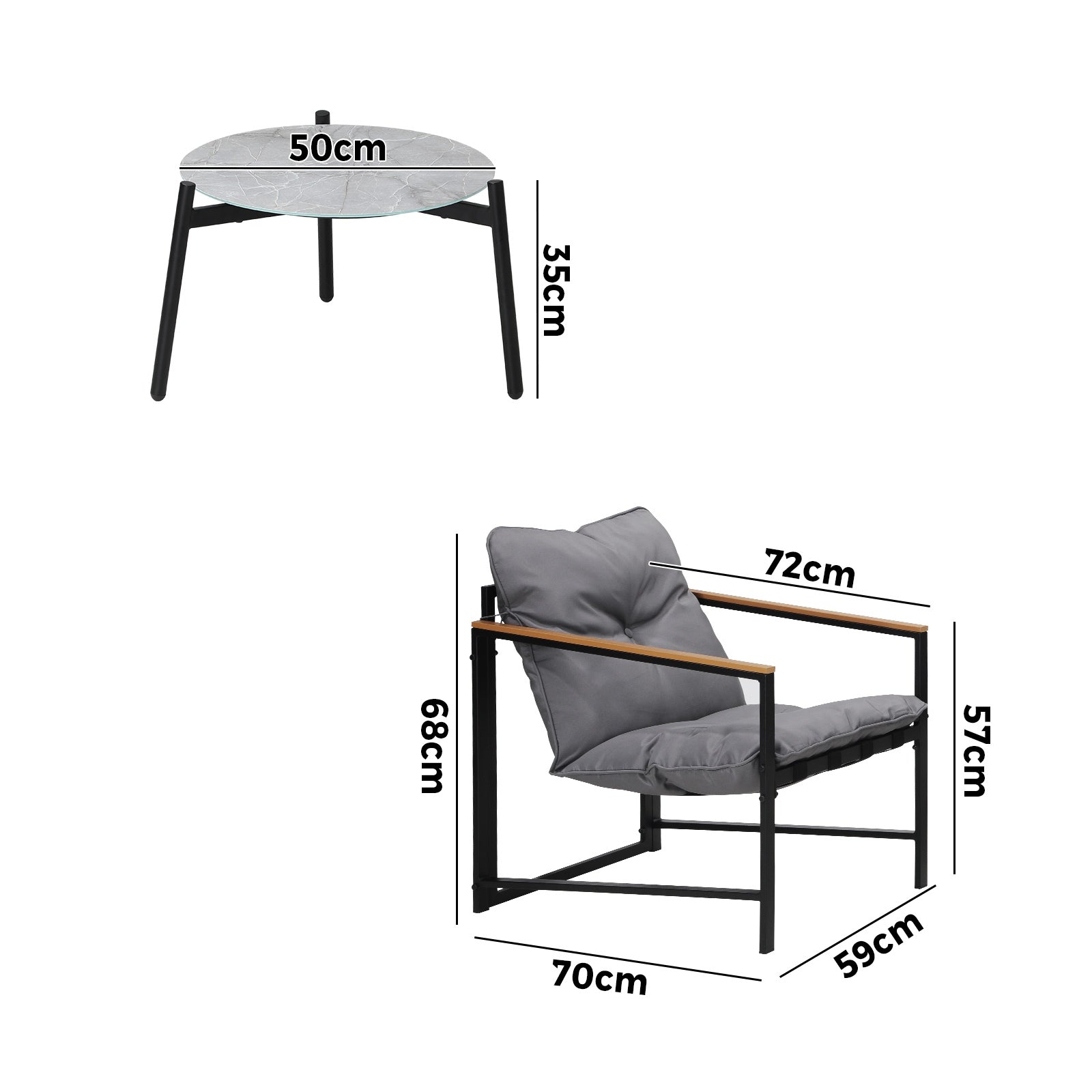 Livsip 3PC Outdoor Patio Furniture Set Bistro Sets 50CM Round Grey Marble Table - Sunyee