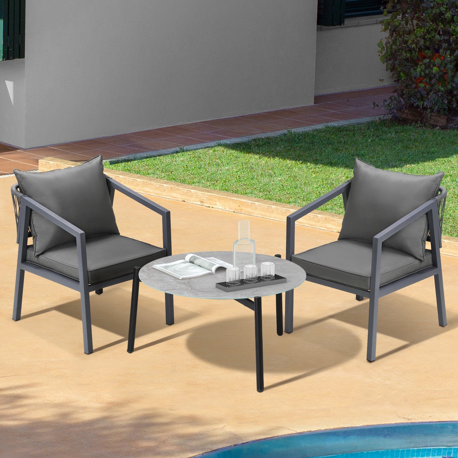 Livsip 3PCS Outdoor Patio Setting Furniture Lounge Set Grey 70cm Coffee Table