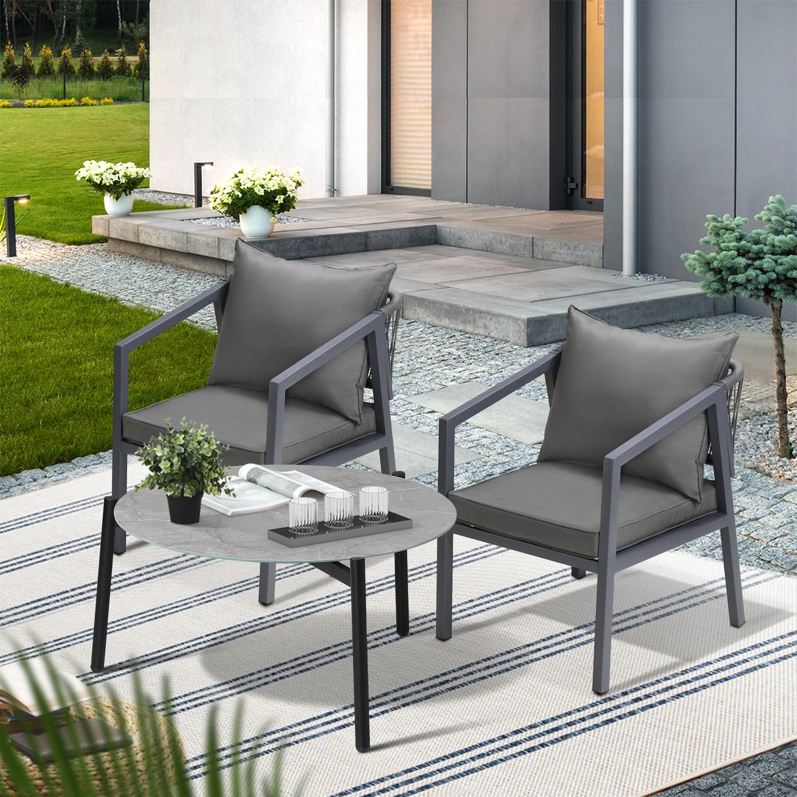 Livsip 3PCS Outdoor Patio Setting Furniture Lounge Set Grey 70cm Coffee Table