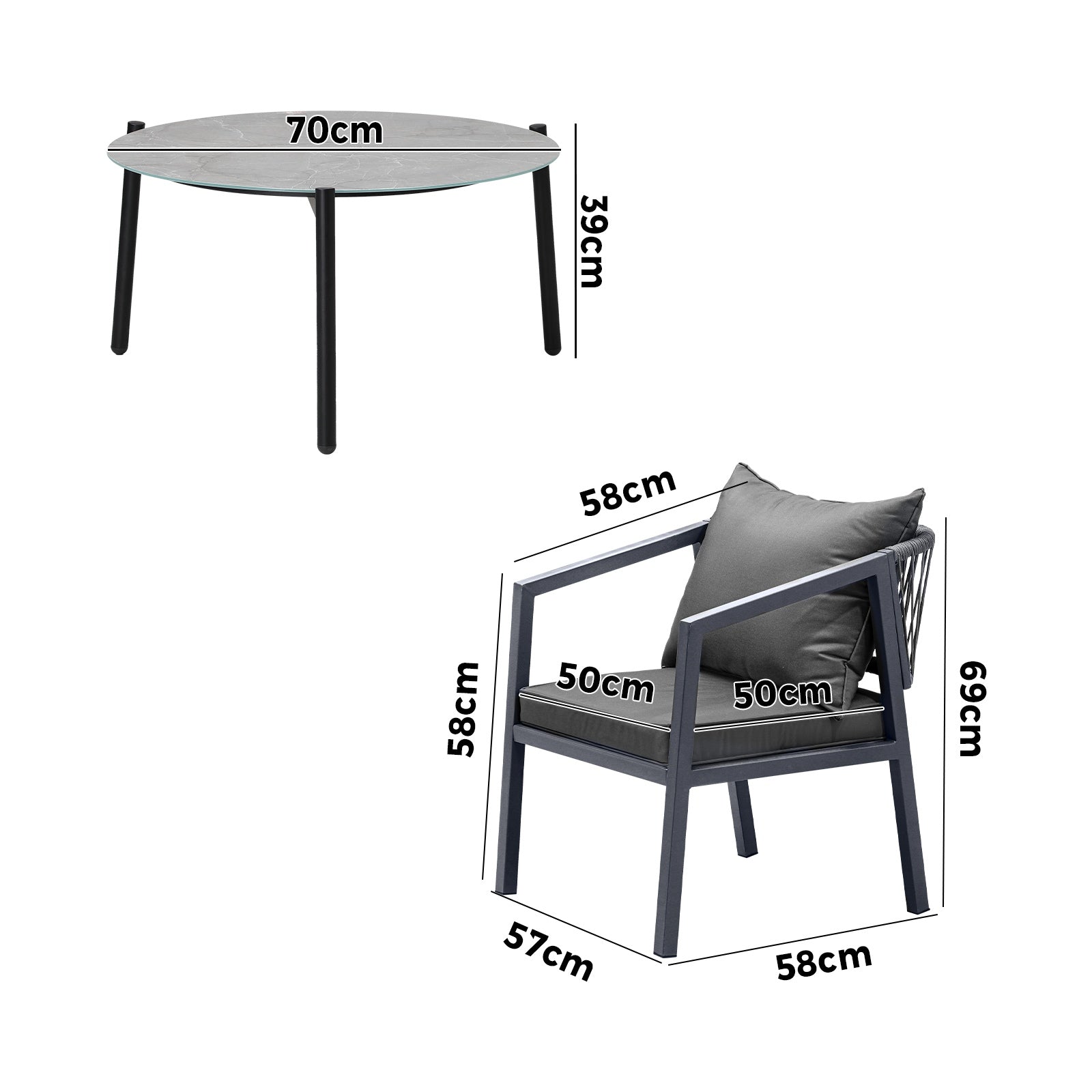 Livsip 3PCS Outdoor Patio Setting Furniture Lounge Set Grey 70cm Coffee Table