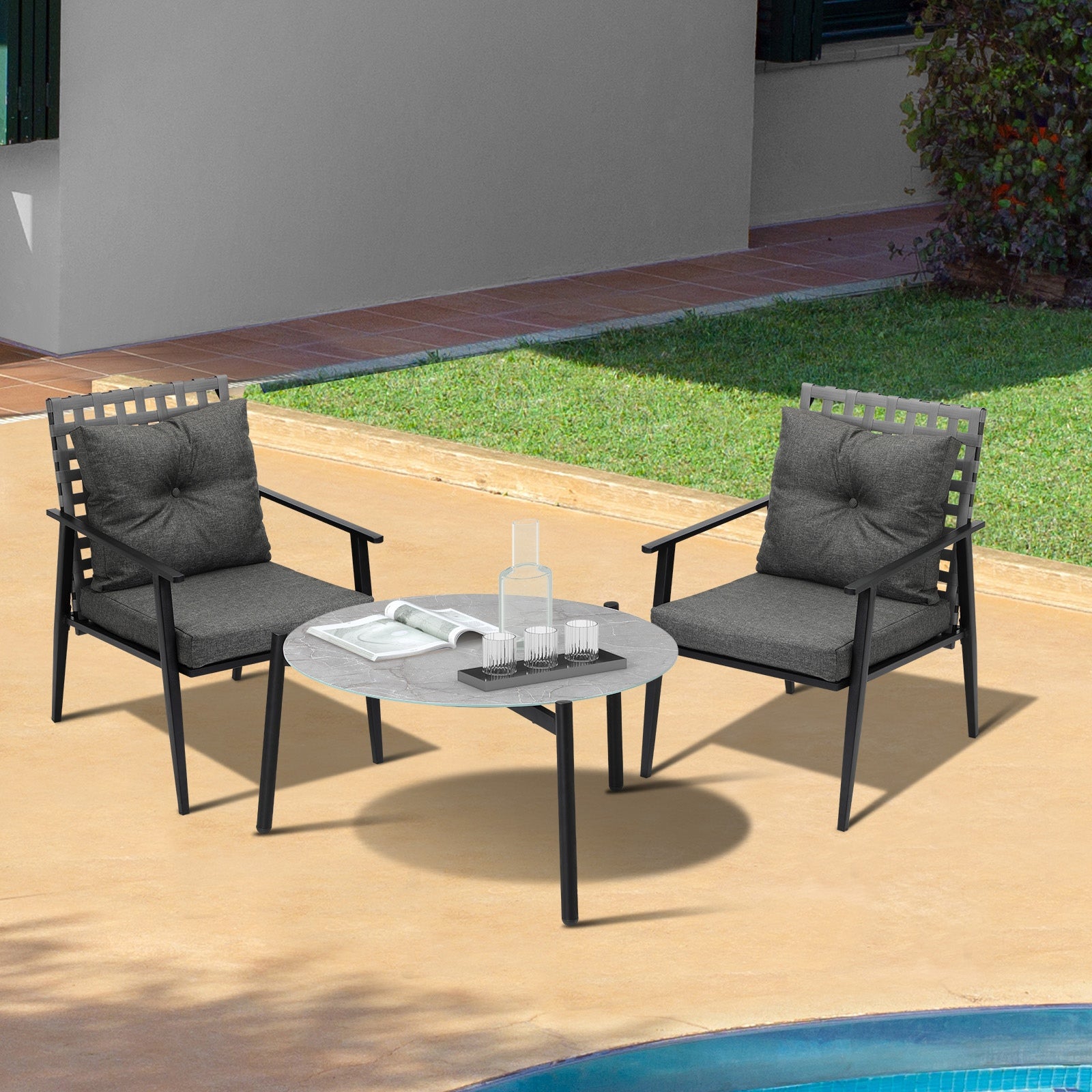 Livsip Outdoor Patio Set 3pc Lounge Sets 70CM Grey Marble Table Rattan Chairs - Sunyee