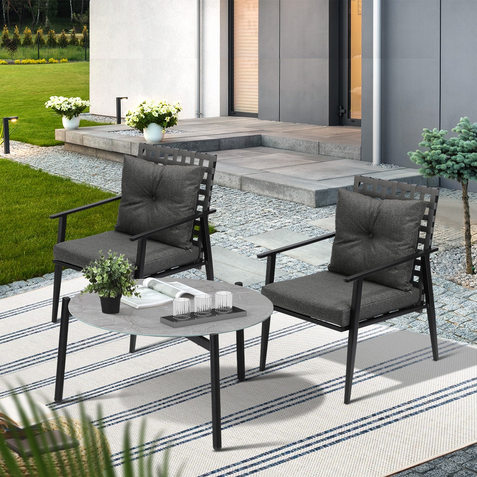 Livsip Outdoor Patio Set 3pc Lounge Sets 70CM Grey Marble Table Rattan Chairs - Sunyee