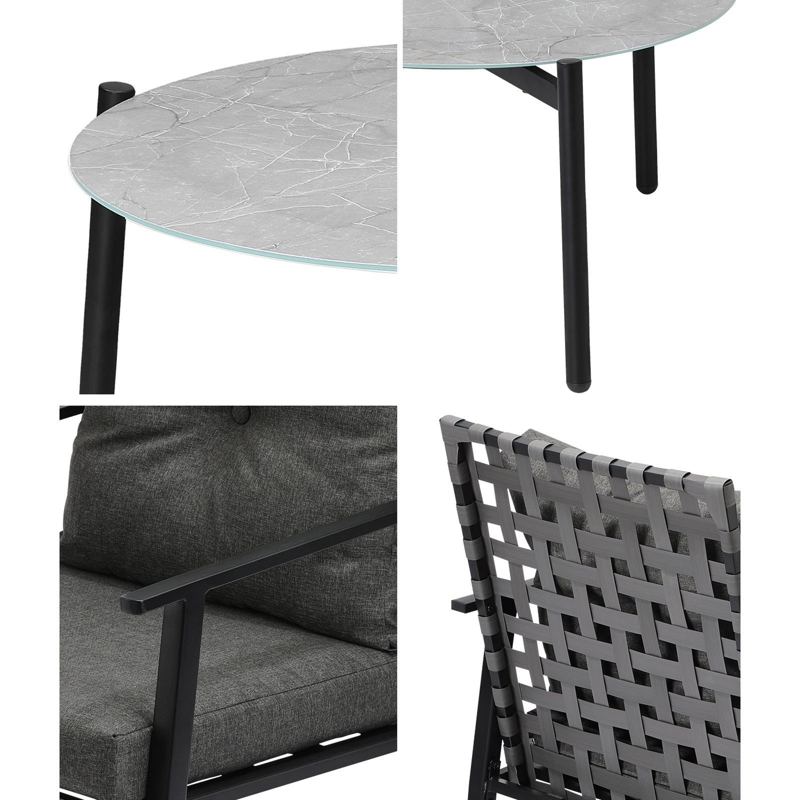 Livsip Outdoor Patio Set 3pc Lounge Sets 70CM Grey Marble Table Rattan Chairs - Sunyee