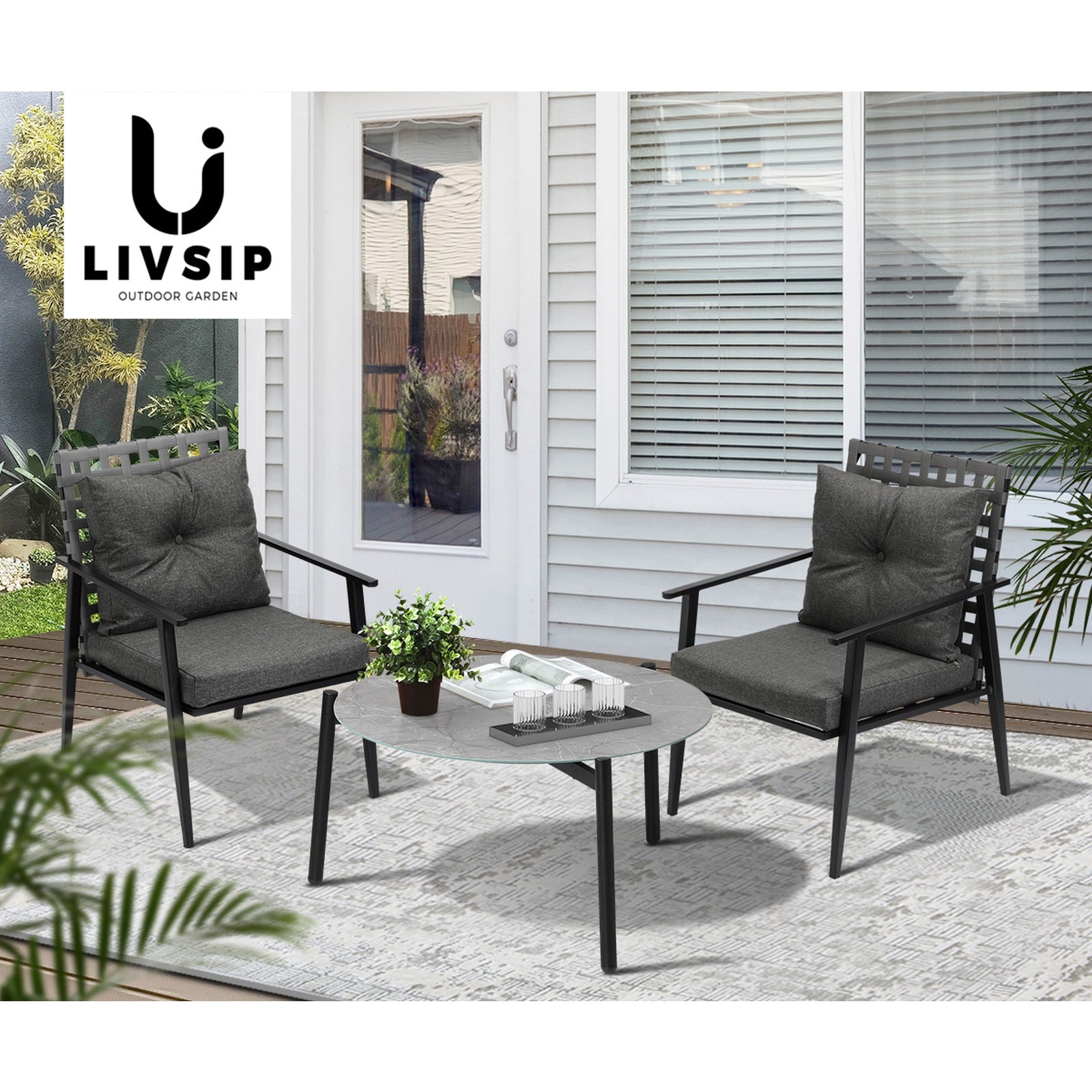Livsip Outdoor Patio Set 3pc Lounge Sets 70CM Grey Marble Table Rattan Chairs - Sunyee
