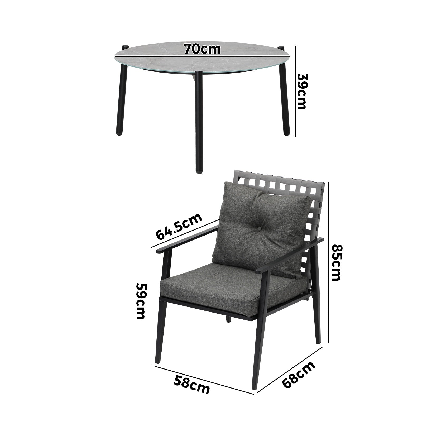 Livsip Outdoor Patio Set 3pc Lounge Sets 70CM Grey Marble Table Rattan Chairs - Sunyee