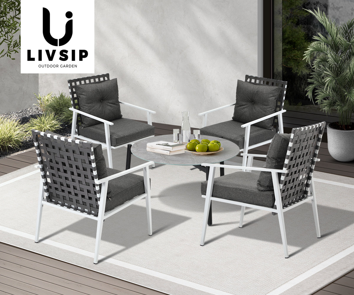 Livsip Outdoor Lounge Sets 5pc Patio Set 70CM Grey Round Table Rattan Chairs - Sunyee