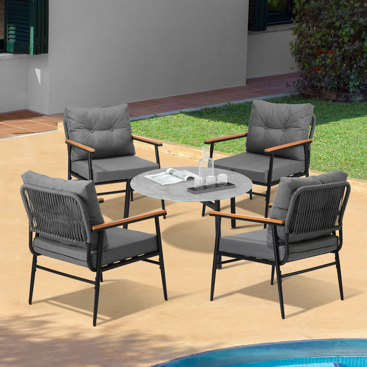 Livsip Outdoor Patio Setting 5 Piece Bistro Lounge Furniture Set 70cm Grey Table - Sunyee