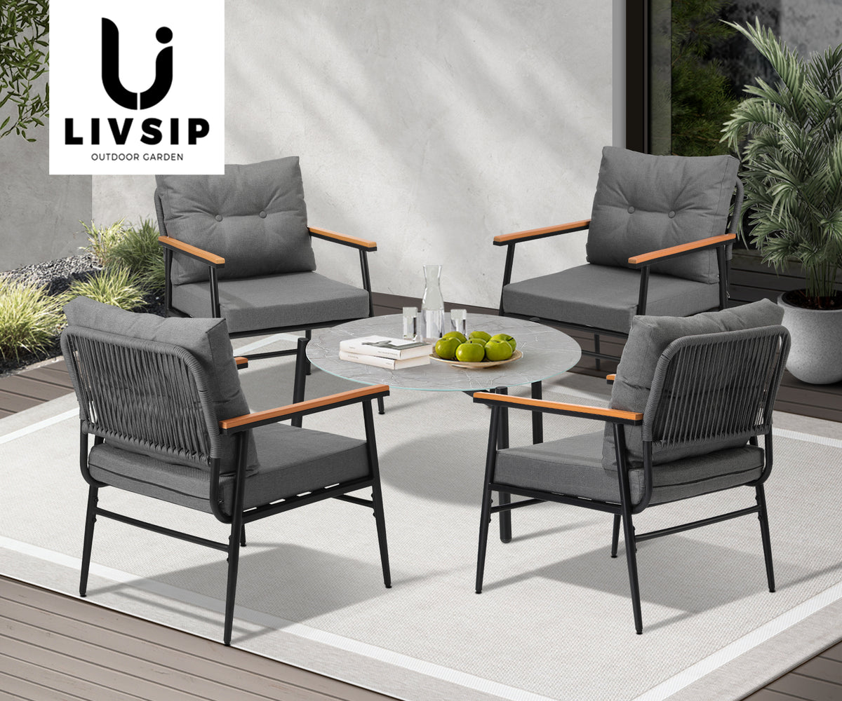 Livsip Outdoor Patio Setting 5 Piece Bistro Lounge Furniture Set 70cm Grey Table - Sunyee