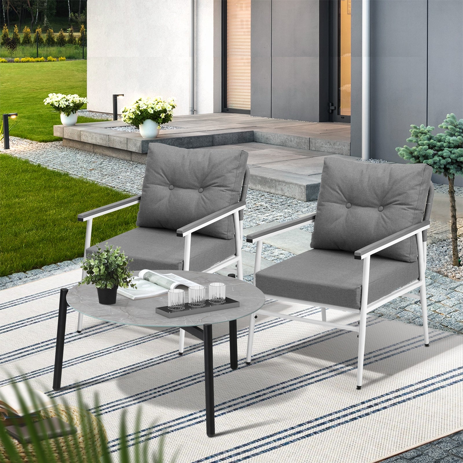 Livsip Outdoor Patio Setting 3PC Bistro Lounge Furniture Set 70cm Grey Table