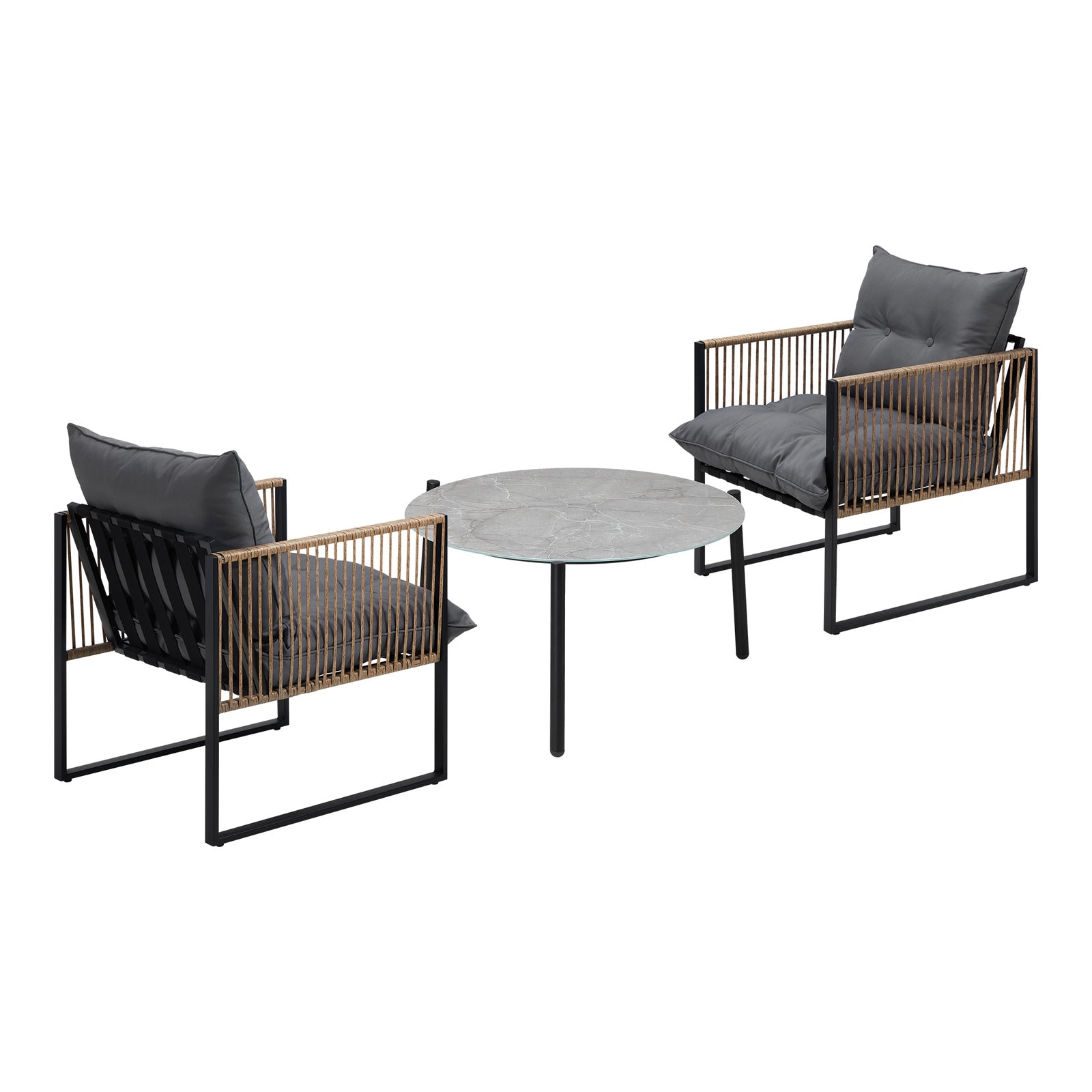 Livsip Outdoor Patio Set Furniture Grey 70cm Coffee Table Rattan Chairs 3PCS