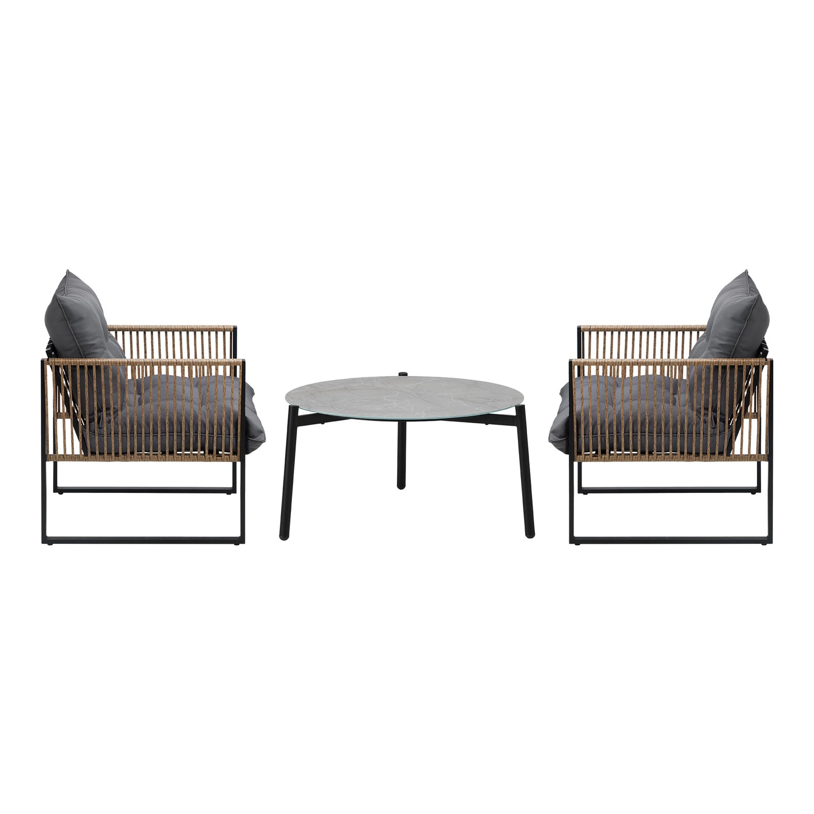 Livsip Outdoor Patio Set Furniture Grey 70cm Coffee Table Rattan Chairs 3PCS