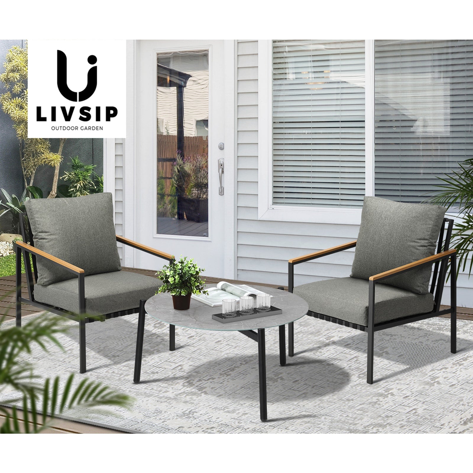 Livsip Outdoor Patio Lounge Set Furniture Grey 70cm Coffee Table Sofa Chairs 3PC