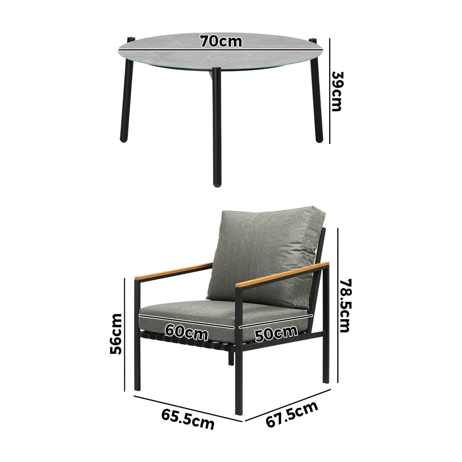 Livsip Outdoor Patio Lounge Set Furniture Grey 70cm Coffee Table Sofa Chairs 3PC
