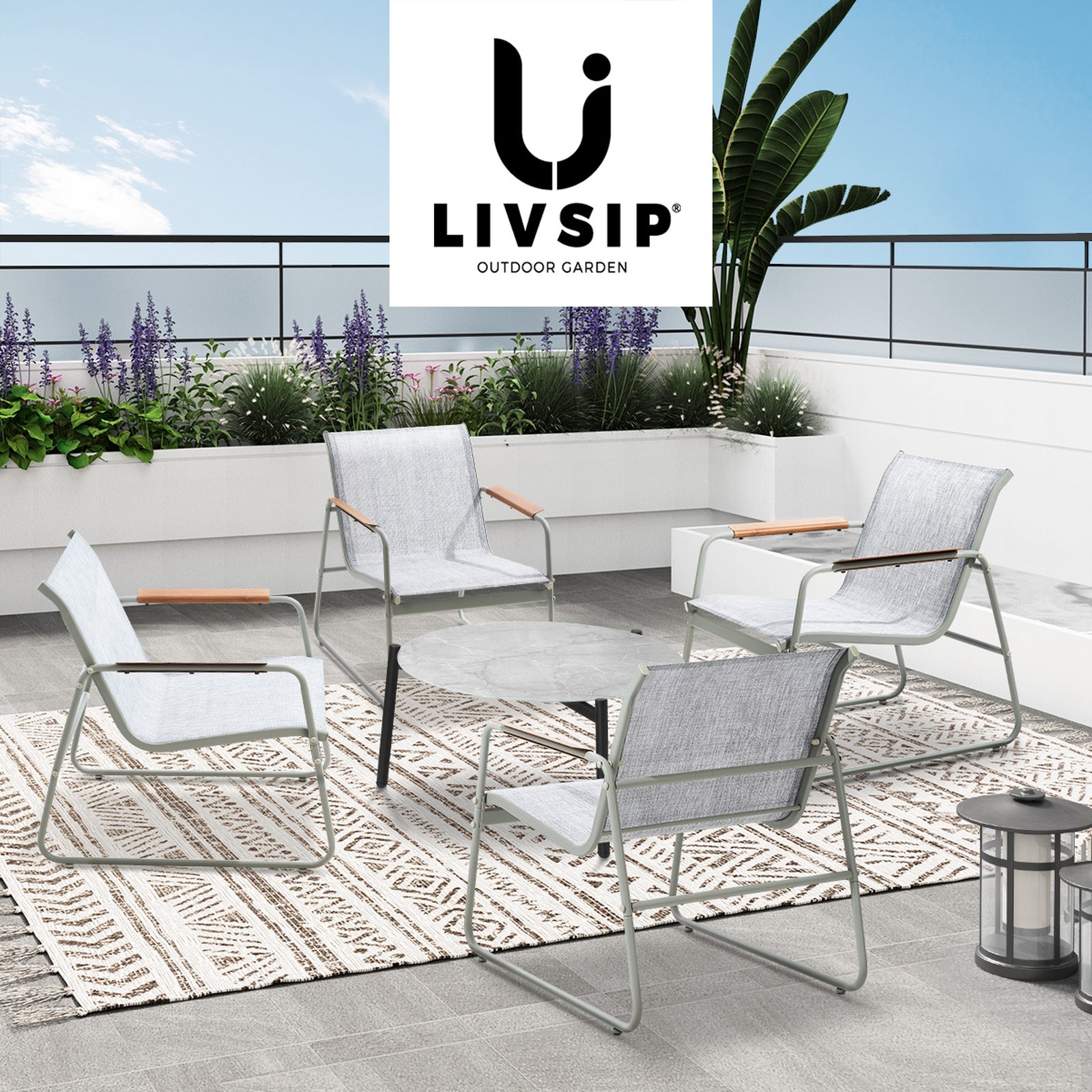 Livsip Outdoor Lounge Patio Setting 70cm Round Table 4x Chairs Garden Furniture - Sunyee