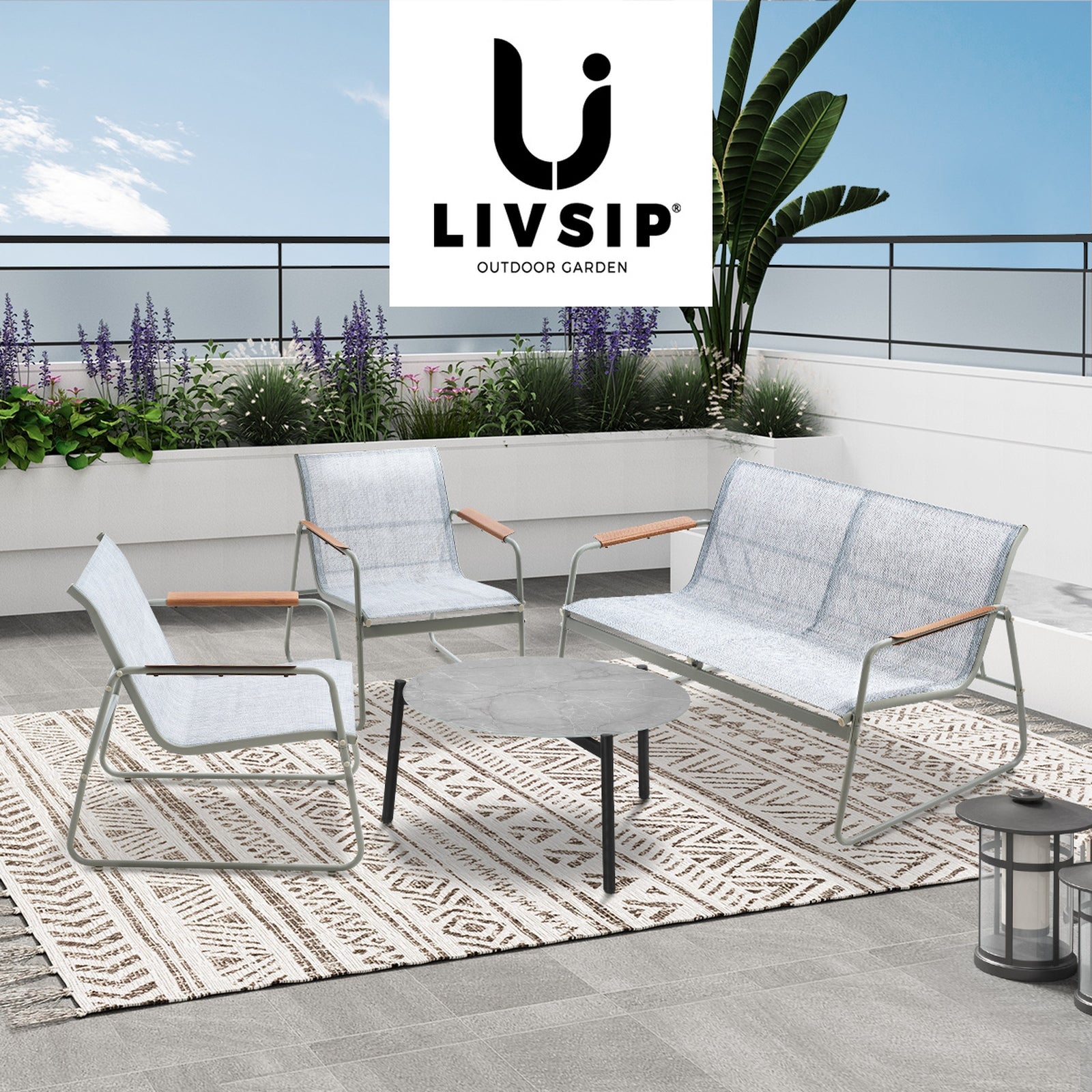 Livsip Outdoor Lounge Setting 4 Seater Furniture Patio 70cm Coffee Table Garden - Sunyee