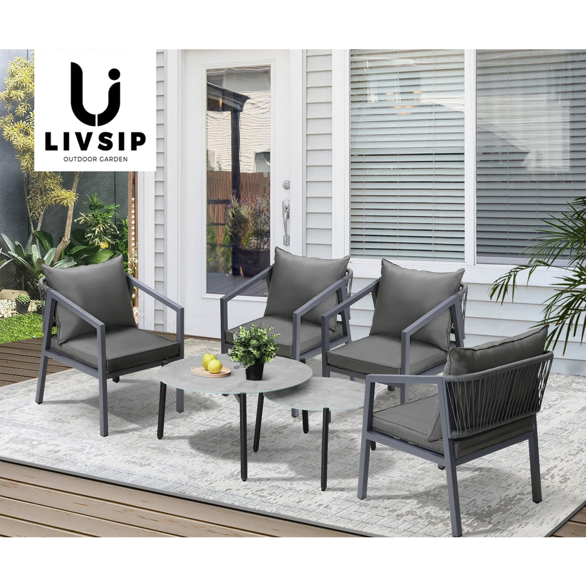 Livsip 6PCS Outdoor Patio Setting Furniture Lounge Grey 70cm Coffee Table Set - Sunyee