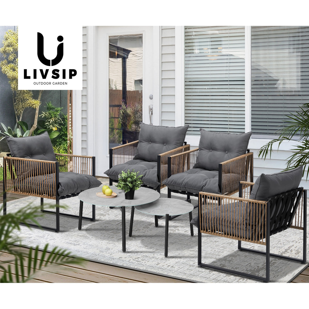 Livsip Outdoor Patio Setting Furniture Grey Coffee Table Set Rattan Chairs 6PCS - Sunyee