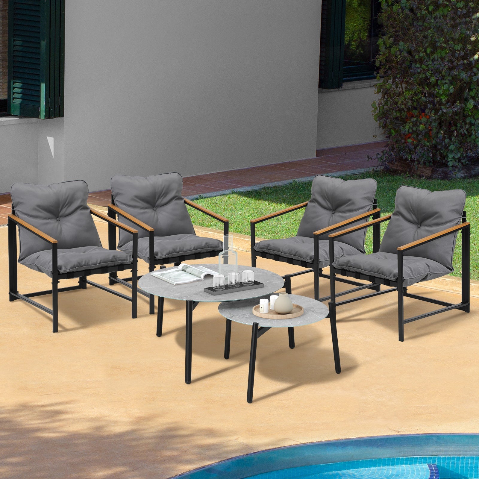 Livsip 6PC Outdoor Patio Furniture Set 70CM Round Grey Marble Table Sets - Sunyee