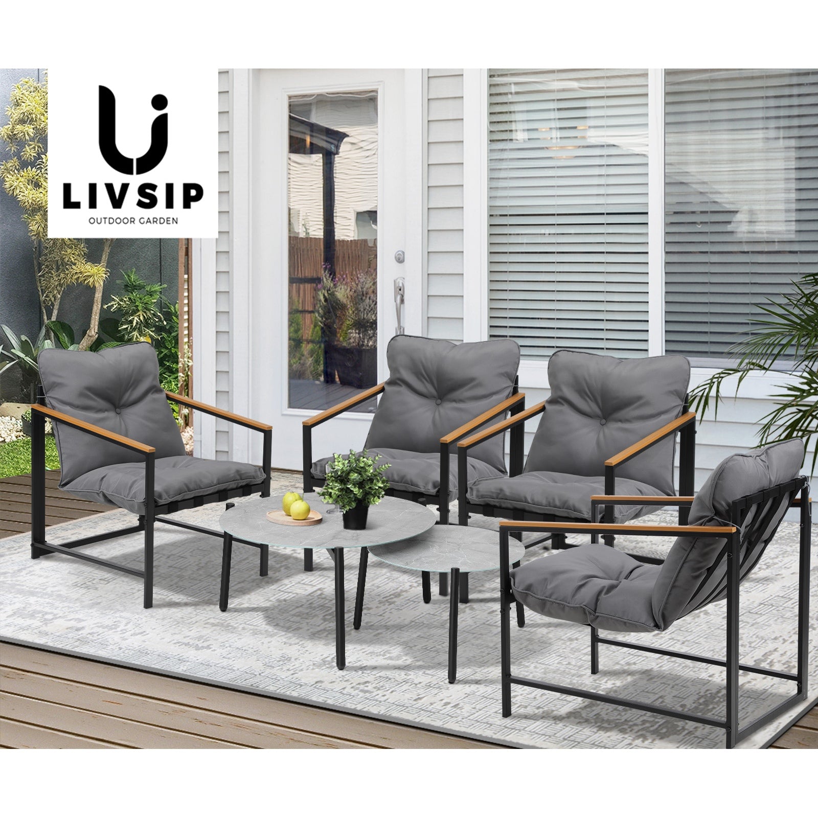 Livsip 6PC Outdoor Patio Furniture Set 70CM Round Grey Marble Table Sets - Sunyee
