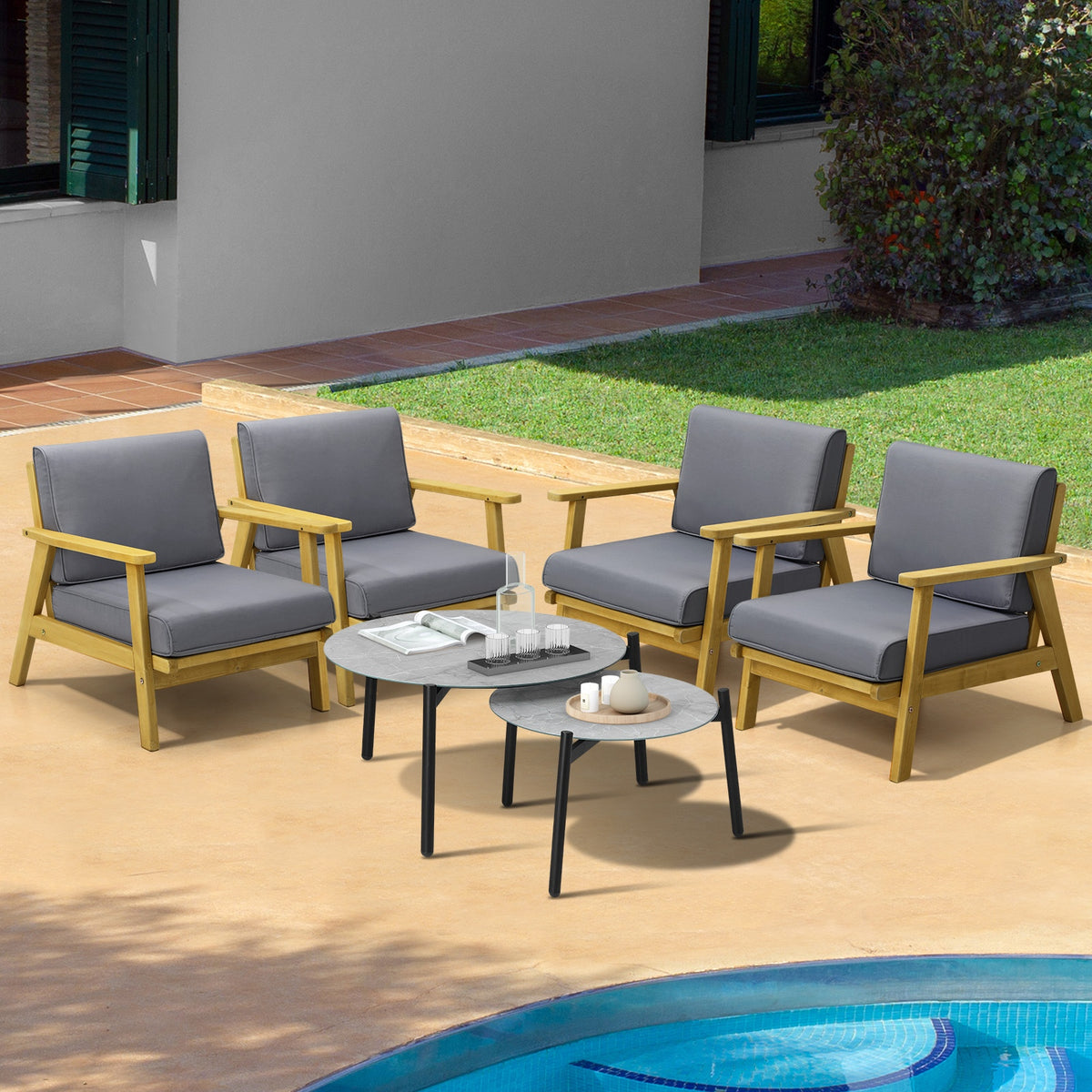 Livsip Outdoor Lounge Set 6PCS Patio Furniture 2pc Grey Coffee Side Table Sets - Sunyee