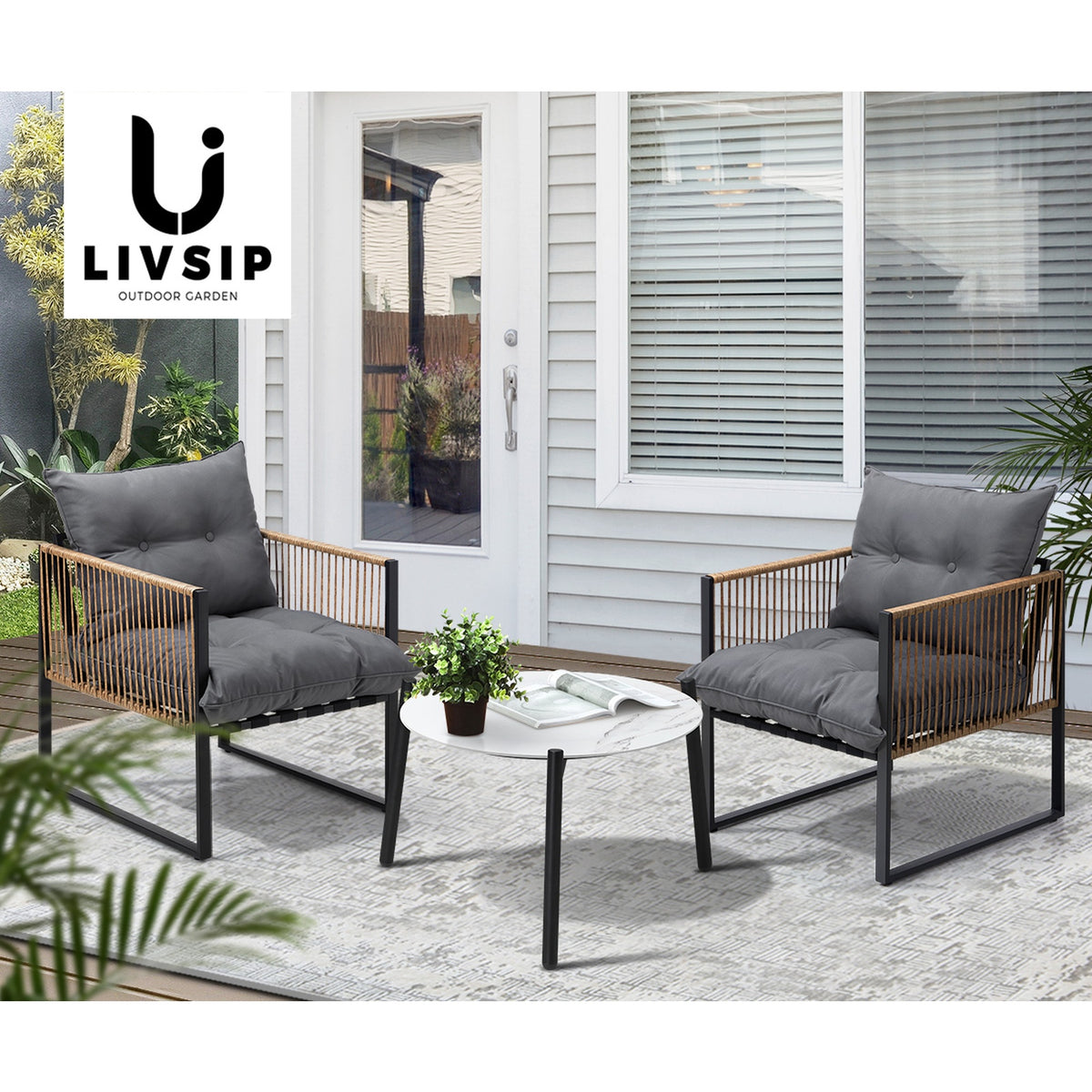 Livsip Outdoor Patio Set Furniture White 50cm Coffee Table Rattan Chairs 3PCS - Sunyee