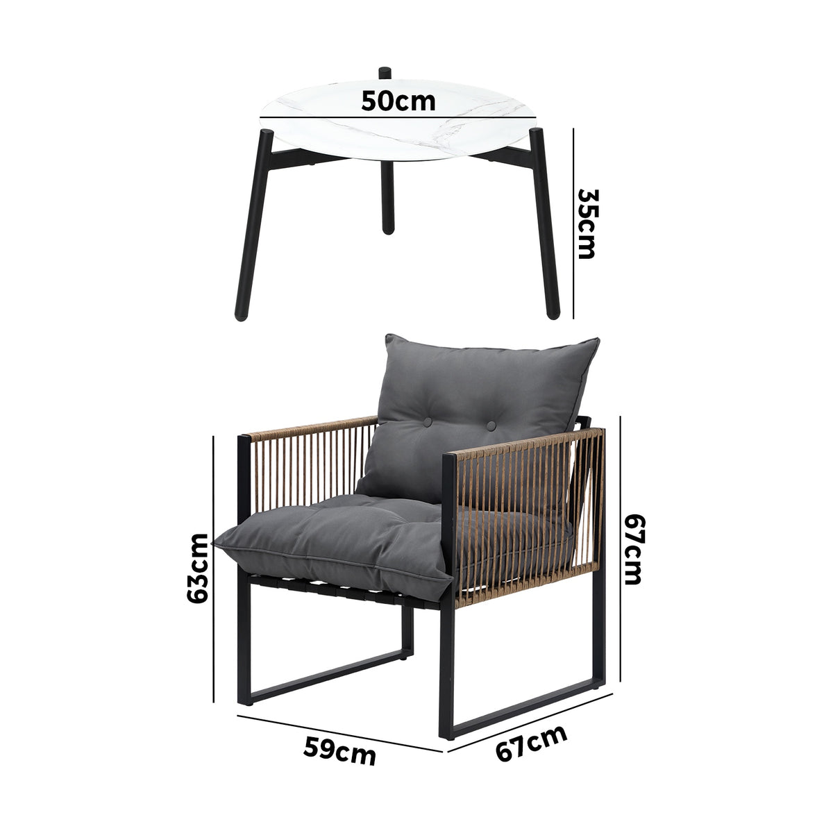 Livsip Outdoor Patio Set Furniture White 50cm Coffee Table Rattan Chairs 3PCS - Sunyee