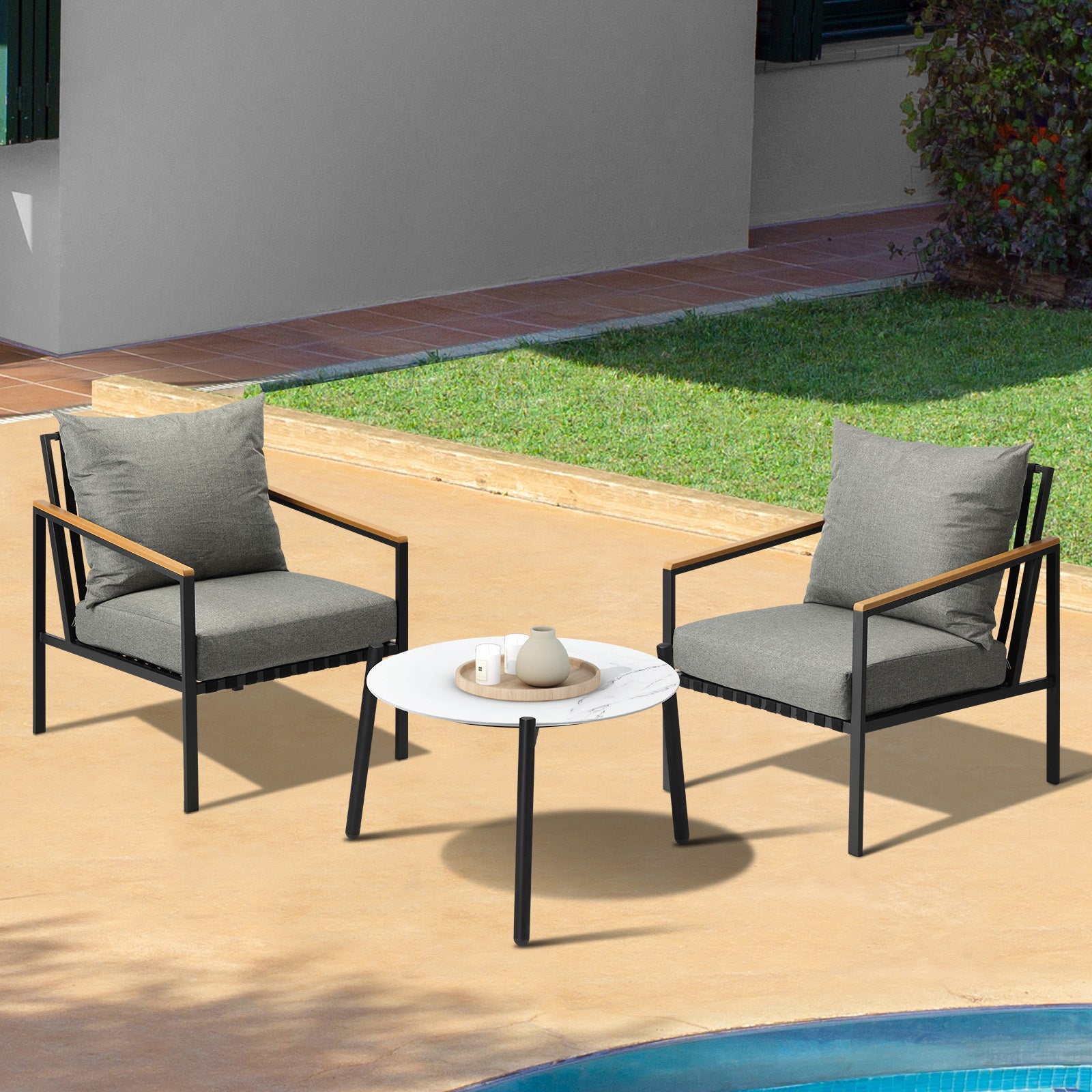 Livsip Outdoor Lounge Set Patio Furniture Coffee White 50cm Table Chairs 3PCS - Sunyee
