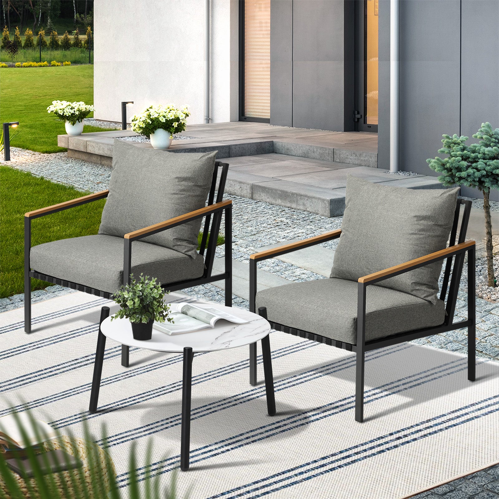 Livsip Outdoor Lounge Set Patio Furniture Coffee White 50cm Table Chairs 3PCS - Sunyee