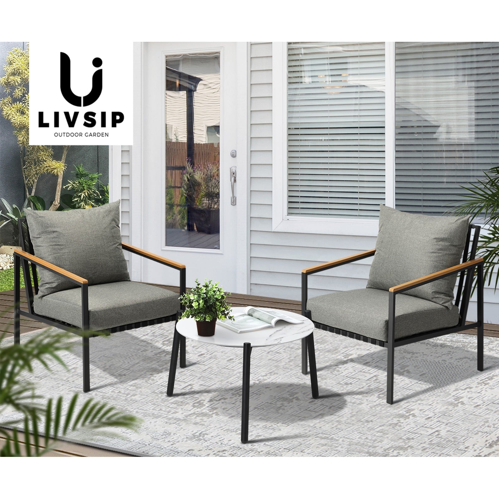 Livsip Outdoor Lounge Set Patio Furniture Coffee White 50cm Table Chairs 3PCS - Sunyee