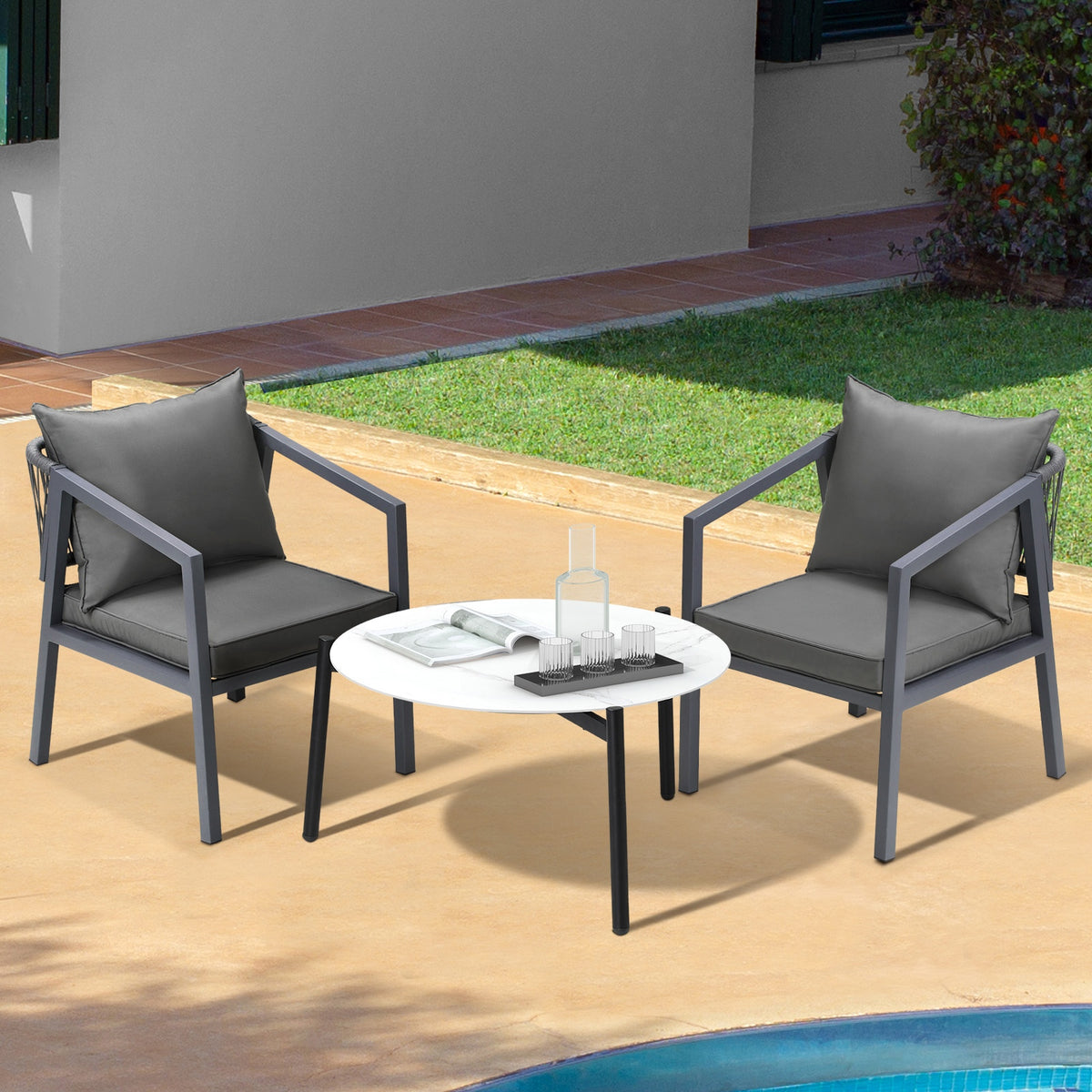 Livsip 3PCS Outdoor Patio Setting Furniture Lounge Set White 70cm Coffee Table
