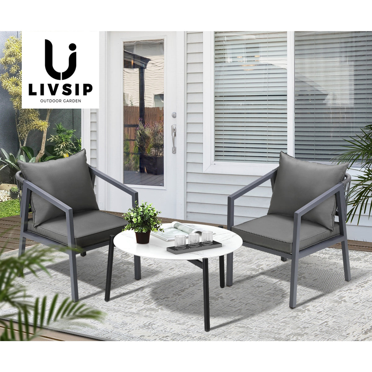 Livsip 3PCS Outdoor Patio Setting Furniture Lounge Set White 70cm Coffee Table