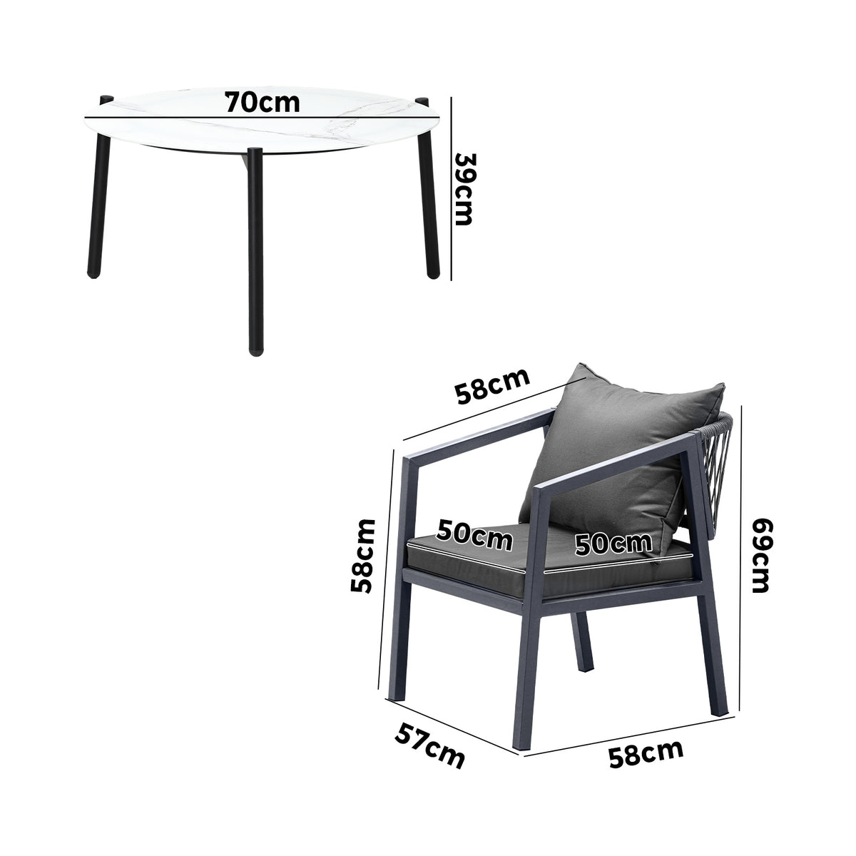 Livsip 3PCS Outdoor Patio Setting Furniture Lounge Set White 70cm Coffee Table