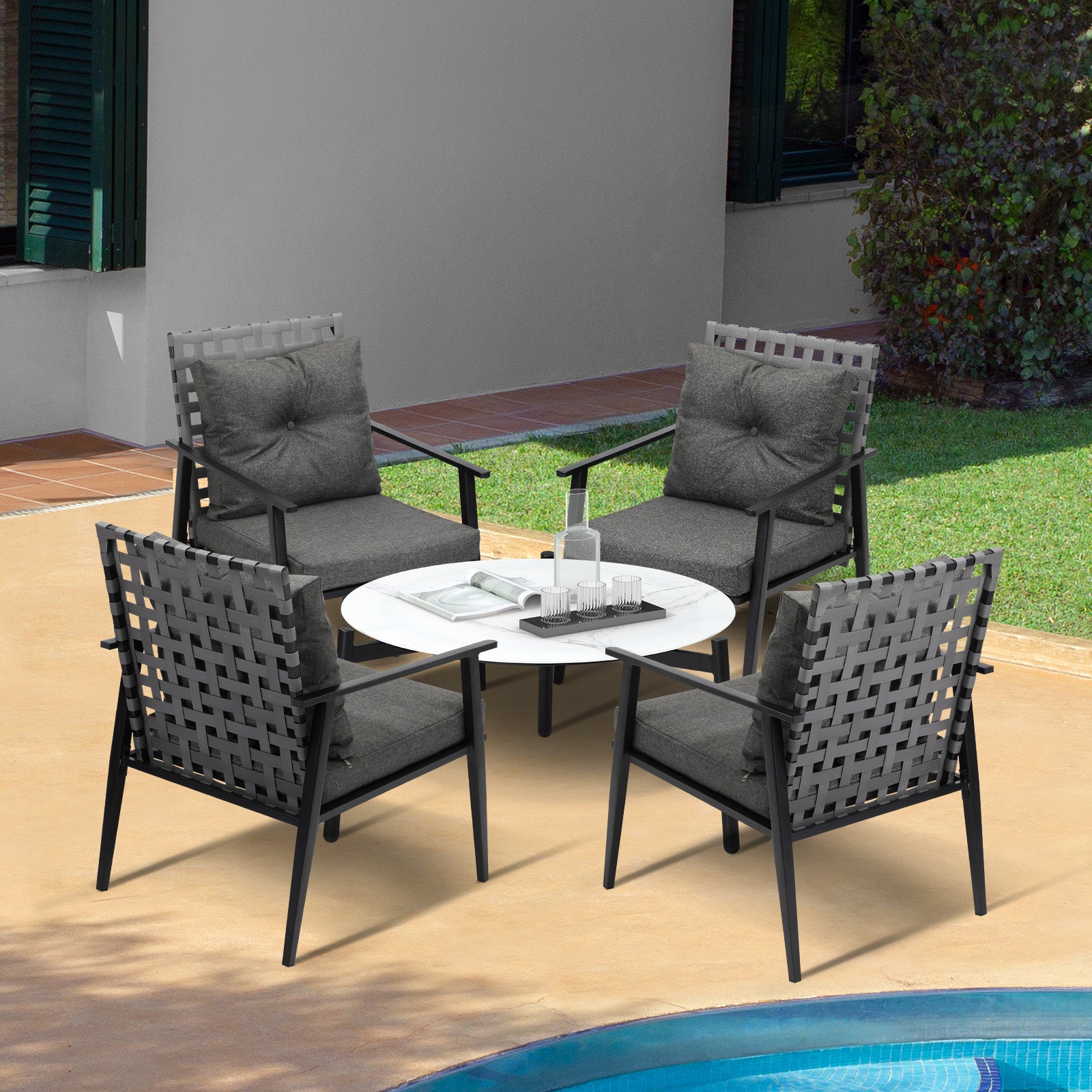 Livsip Outdoor Patio Set 5pc Lounge Sets 70CM White Marble Table Rattan Chairs - Sunyee