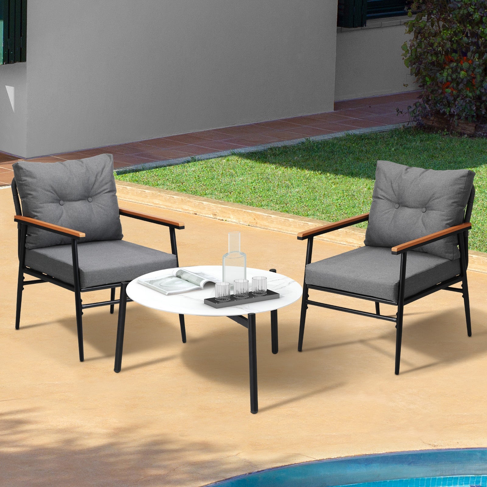 Livsip Outdoor Patio Setting 3 Piece Bistro Lounge Furniture Set 70cm Table - Sunyee