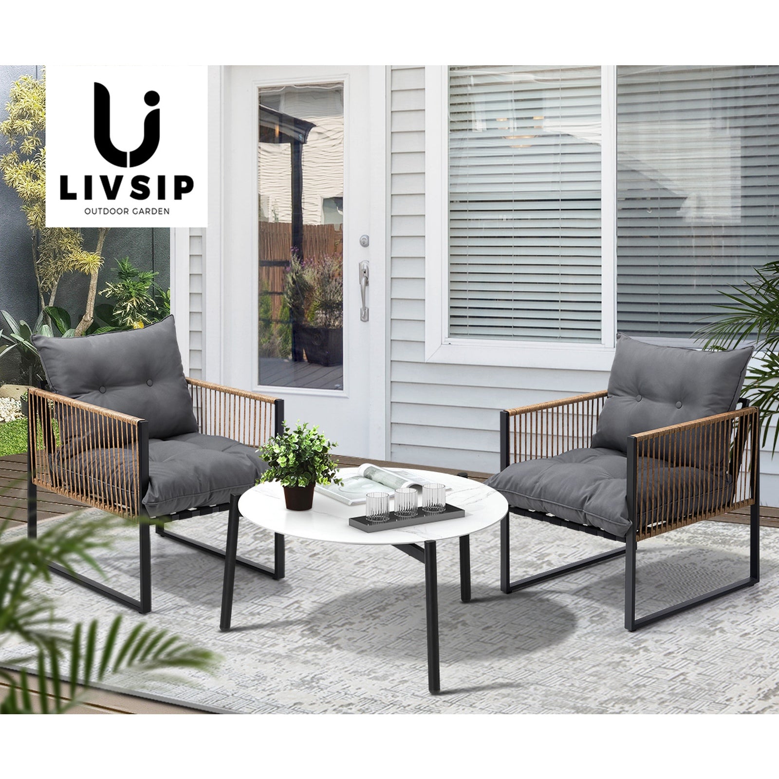 Livsip Outdoor Patio Set Furniture White 70cm Coffee Table Rattan Chairs 3PCS - Sunyee
