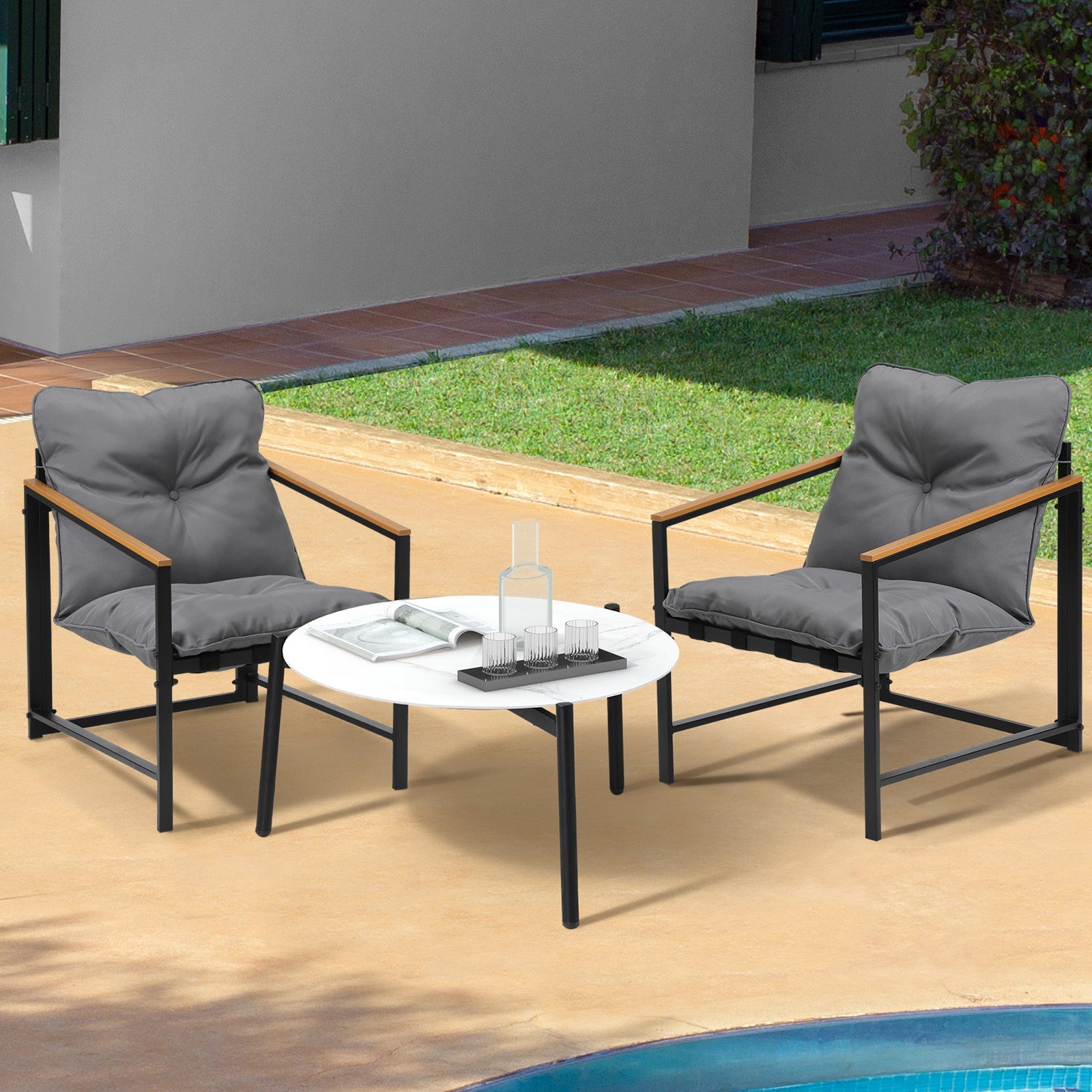 Livsip 3PC Outdoor Patio Furniture Set Bistro Sets 70CM Round White Marble Table - Sunyee