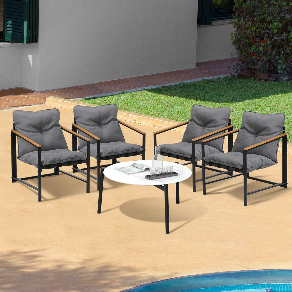 Livsip 5PC Outdoor Patio Furniture Set Bistro Sets 70CM Round White Marble Table - Sunyee