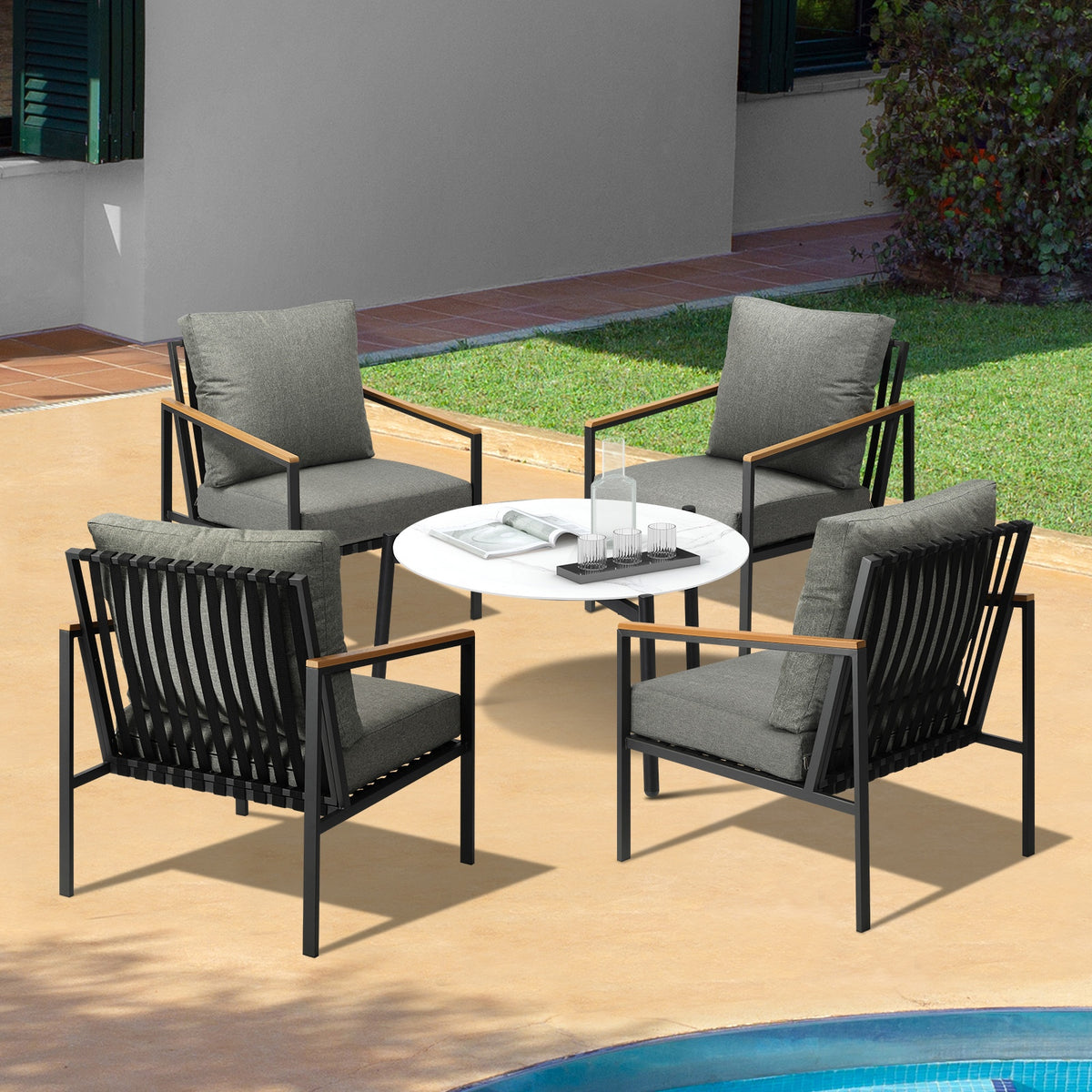 Livsip Outdoor Patio Lounge Set Furniture Coffee White 70cm Table Sofa Chairs5PC - Sunyee