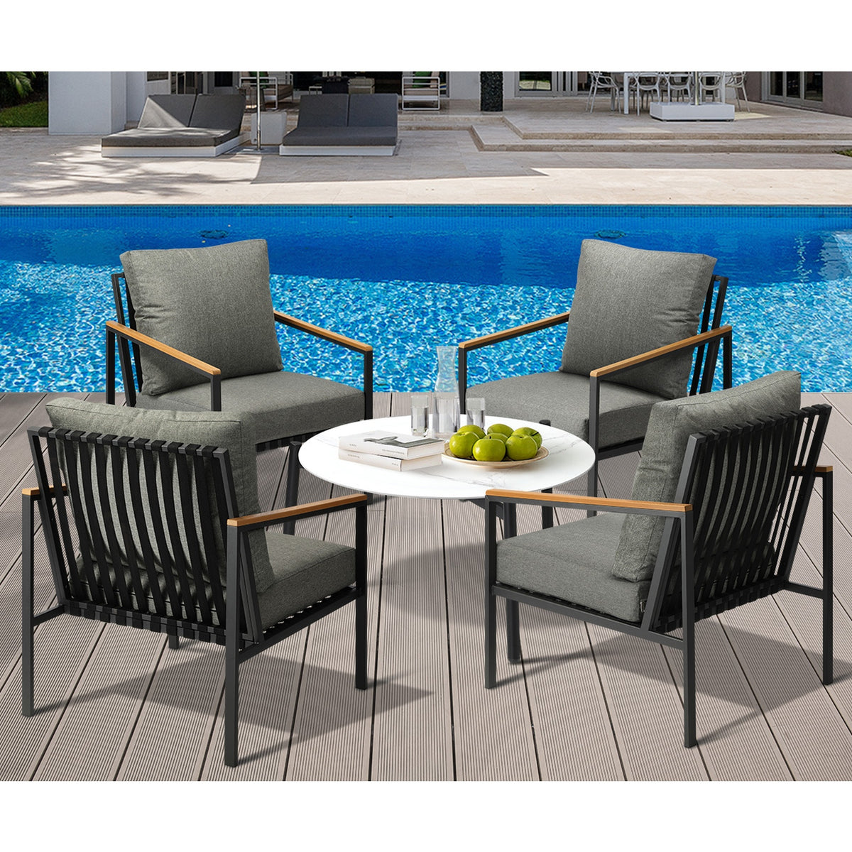 Livsip Outdoor Patio Lounge Set Furniture Coffee White 70cm Table Sofa Chairs5PC - Sunyee