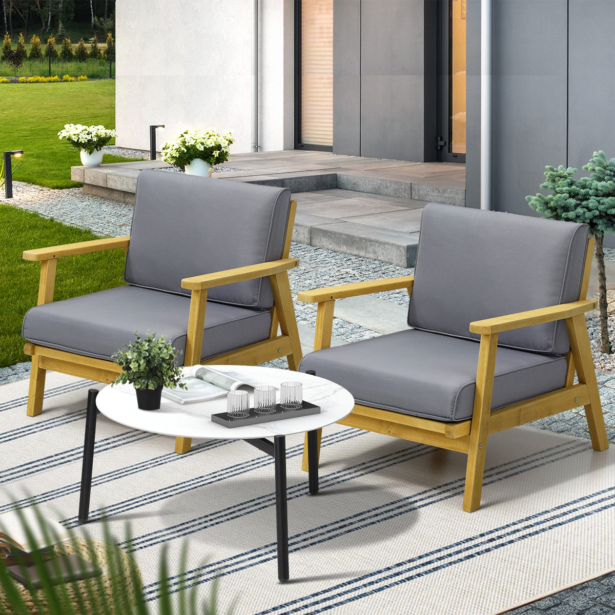 Livsip Outdoor Lounge Set 3PCS Patio Furniture Sets 70cm White Coffee Side Table - Sunyee