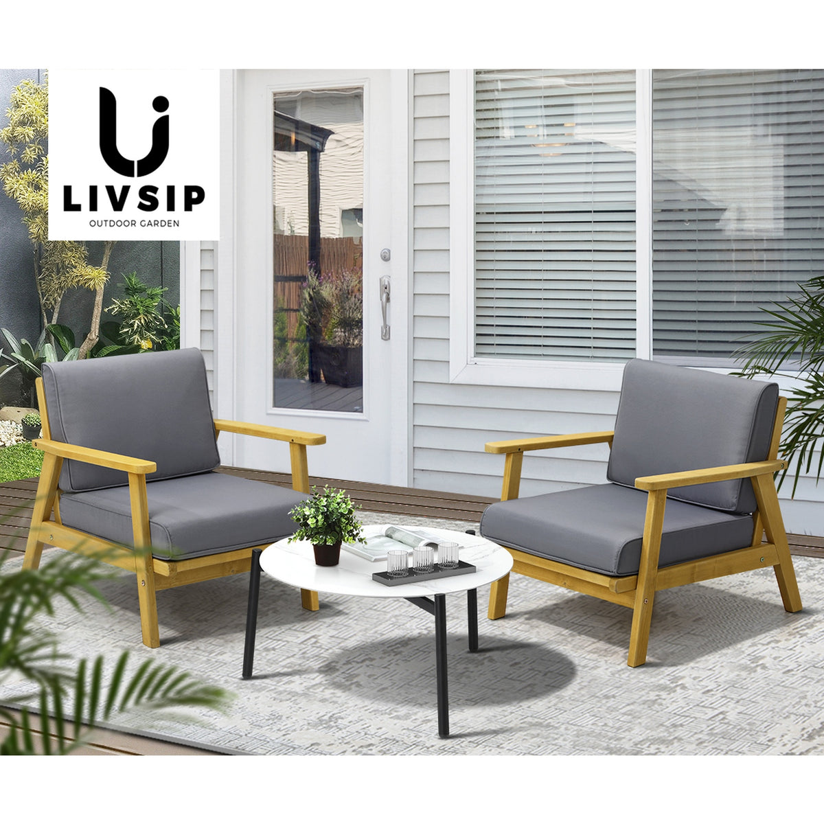 Livsip Outdoor Lounge Set 3PCS Patio Furniture Sets 70cm White Coffee Side Table - Sunyee