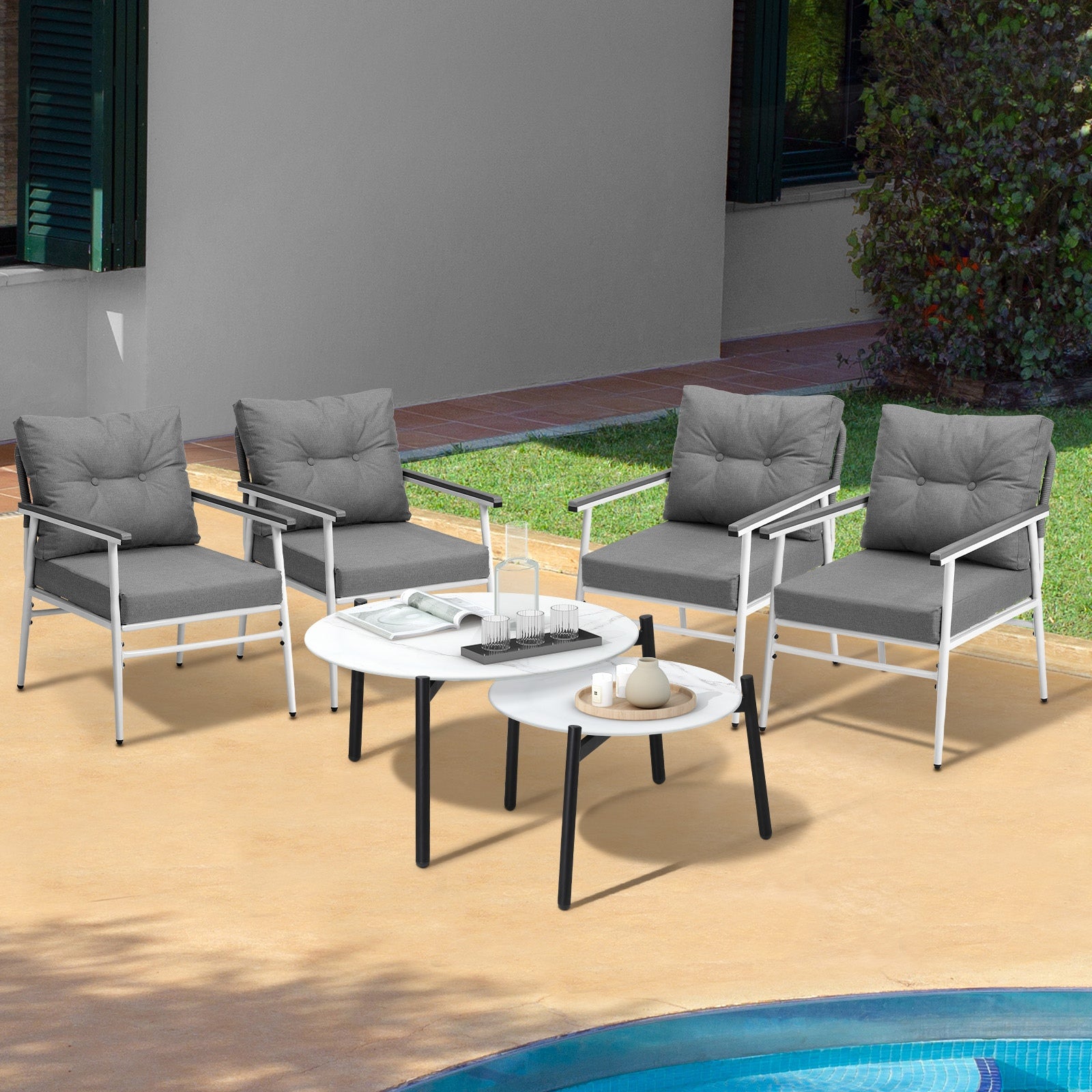 Livsip Outdoor Patio Setting 6PC Bistro Lounge Furniture White Table Sets
