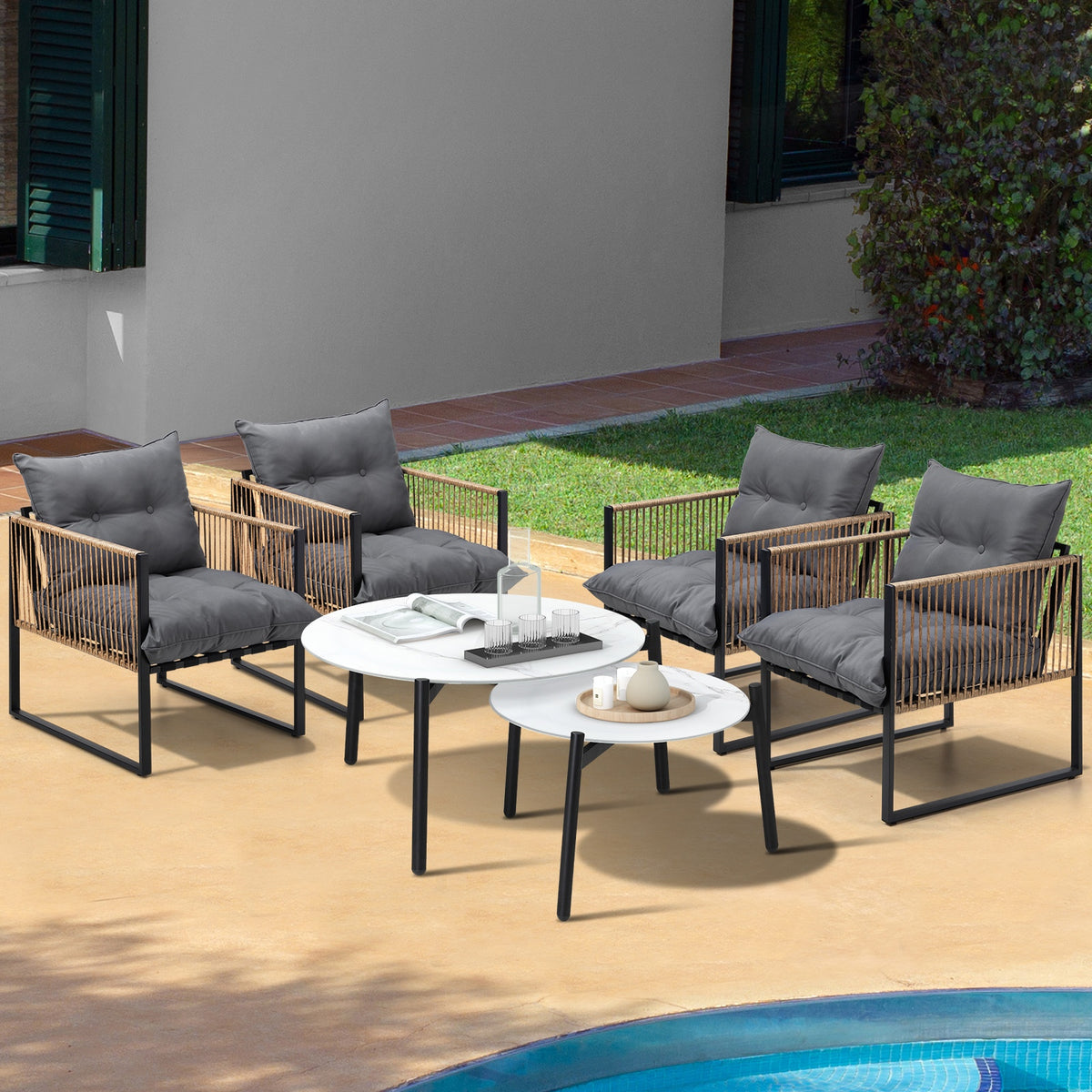 Livsip Outdoor Patio Setting Furniture White Coffee Table Set Rattan Chairs 6PCS - Sunyee