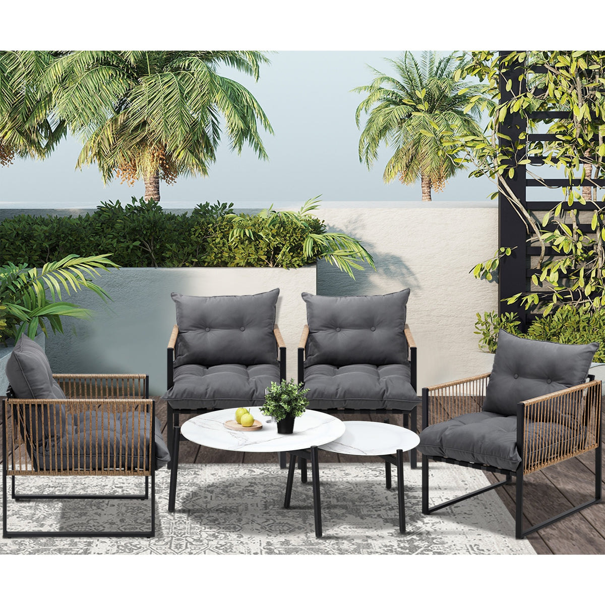 Livsip Outdoor Patio Setting Furniture White Coffee Table Set Rattan Chairs 6PCS - Sunyee