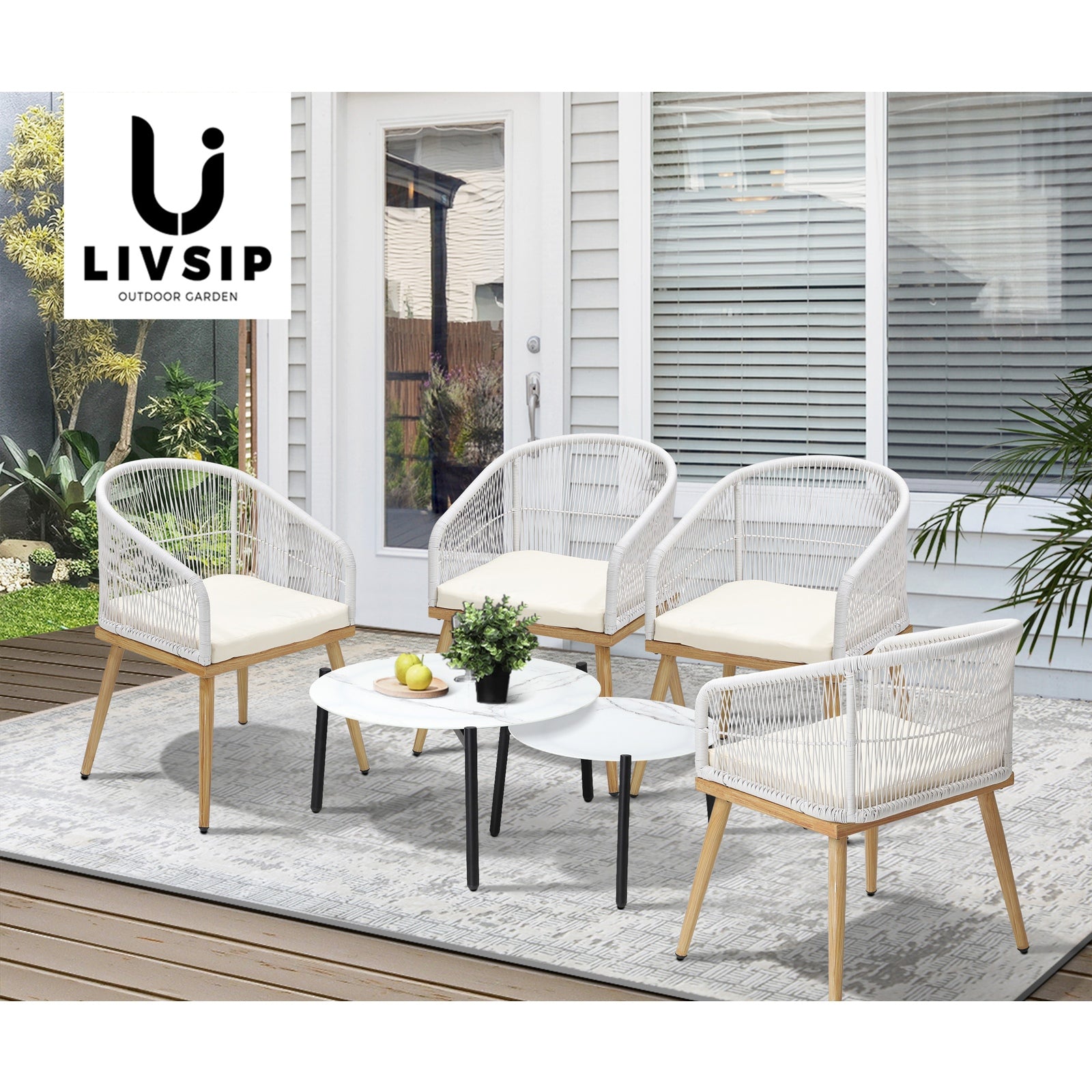 Livsip 6PCS Outdoor Patio Setting Bistro Set Lounge Furniture White Table Sets