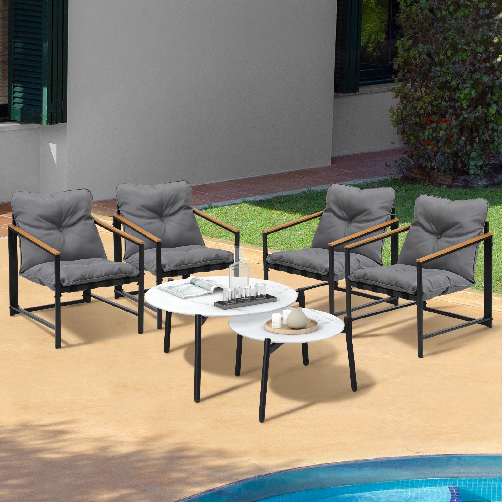 Livsip 6PC Outdoor Patio Furniture Set Round White Marble Table Sets - Sunyee