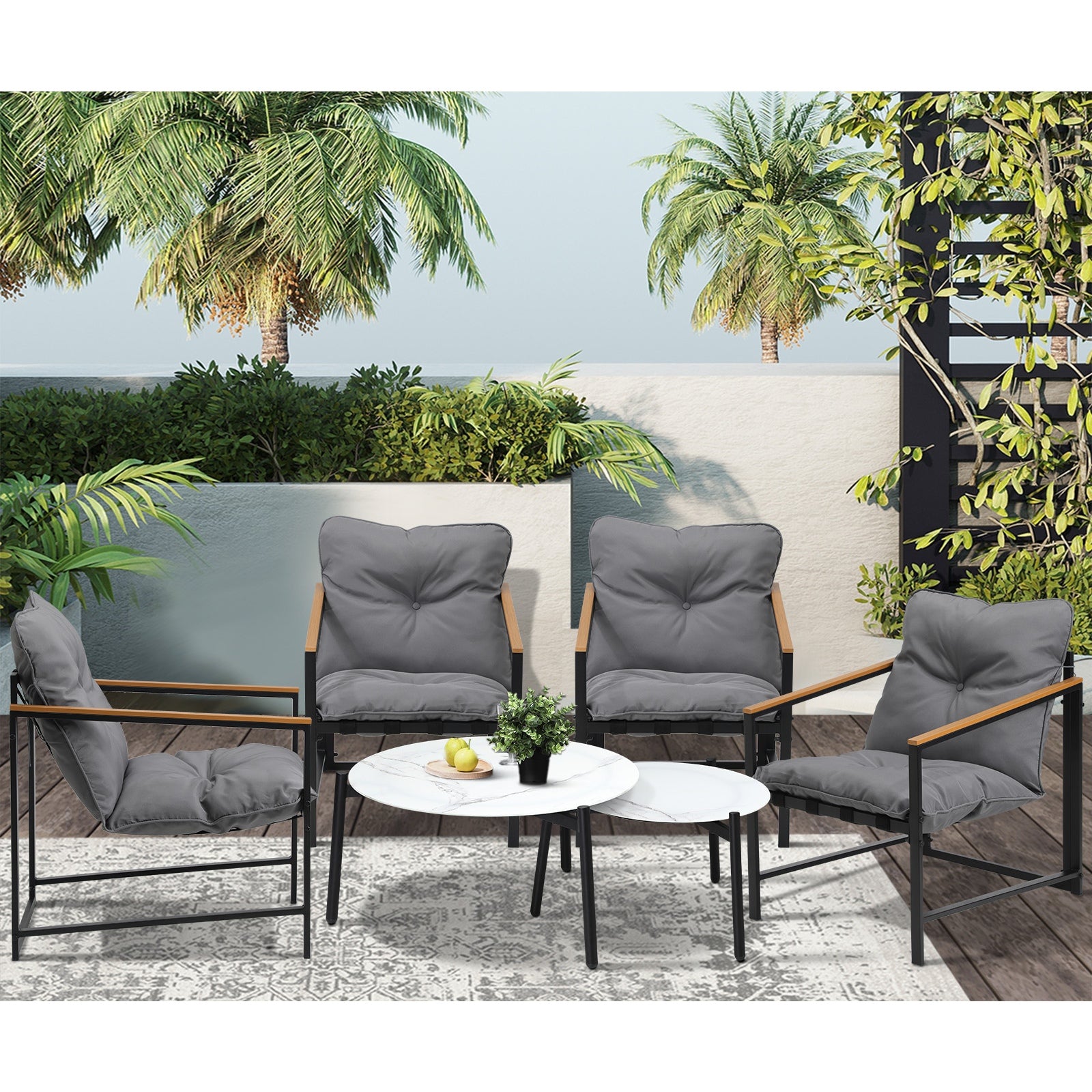Livsip 6PC Outdoor Patio Furniture Set Round White Marble Table Sets - Sunyee