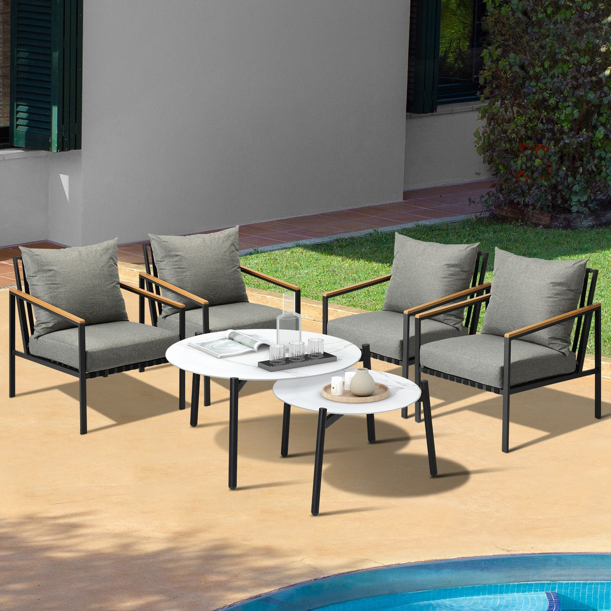 Livsip Outdoor Lounge Set Patio Furniture Coffee White 50/70cm Table Chairs 6PCS - Sunyee