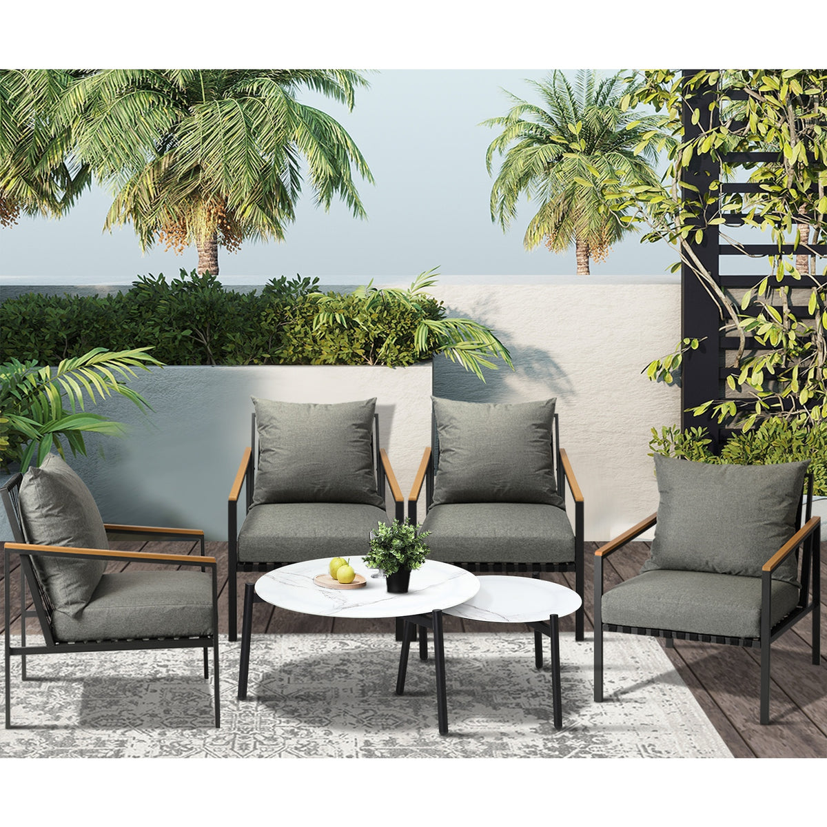 Livsip Outdoor Lounge Set Patio Furniture Coffee White 50/70cm Table Chairs 6PCS - Sunyee