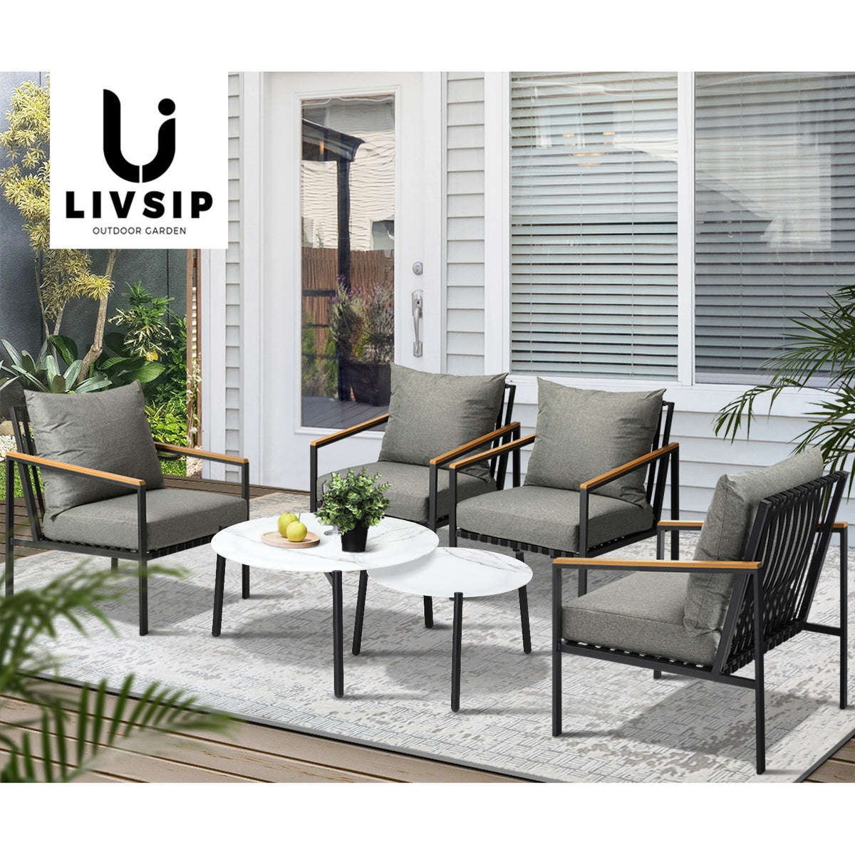 Livsip Outdoor Lounge Set Patio Furniture Coffee White 50/70cm Table Chairs 6PCS - Sunyee